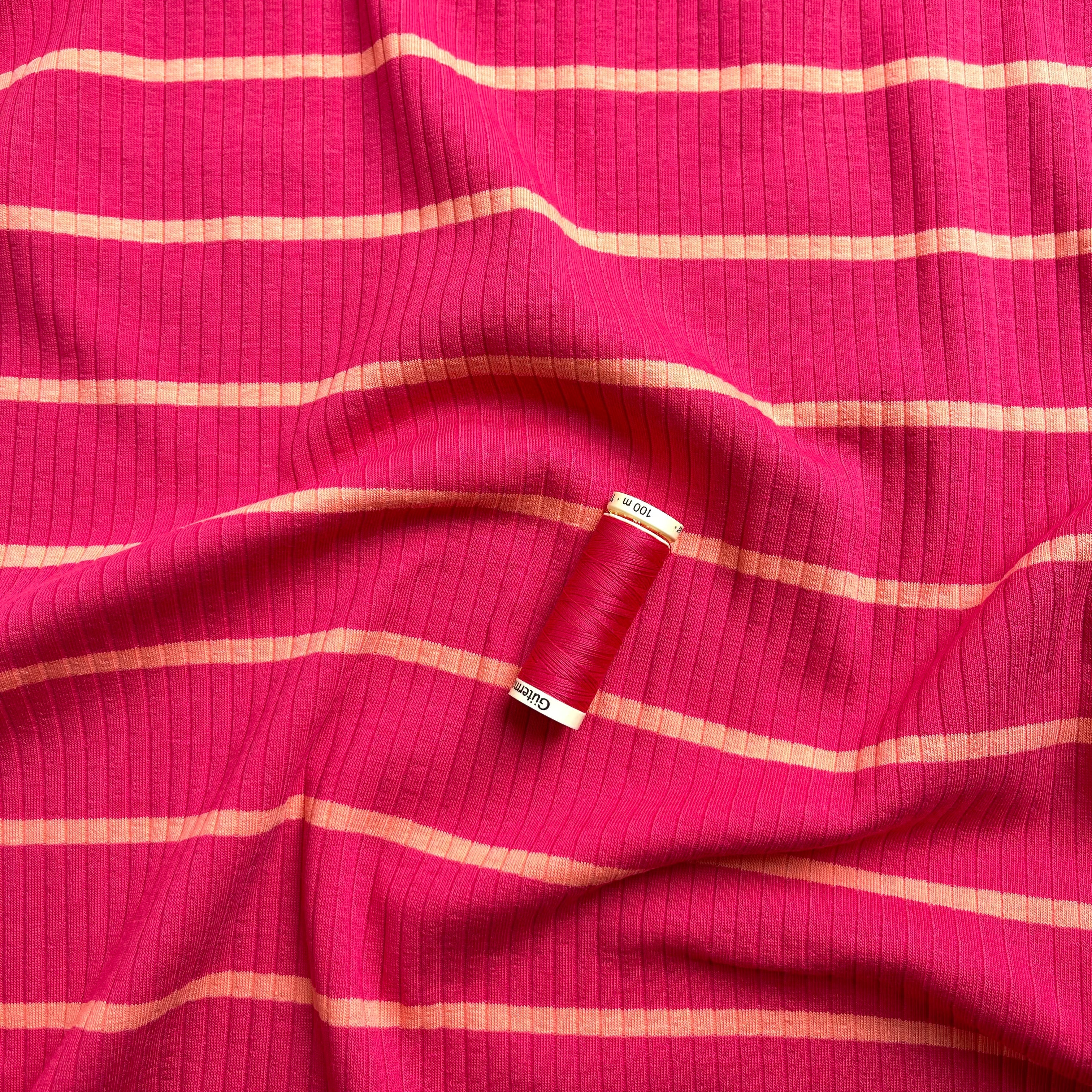 REMNANT 0.4 Metre - Yarn Dyed Striped Cotton Ribbed Jersey in Red & Coral.