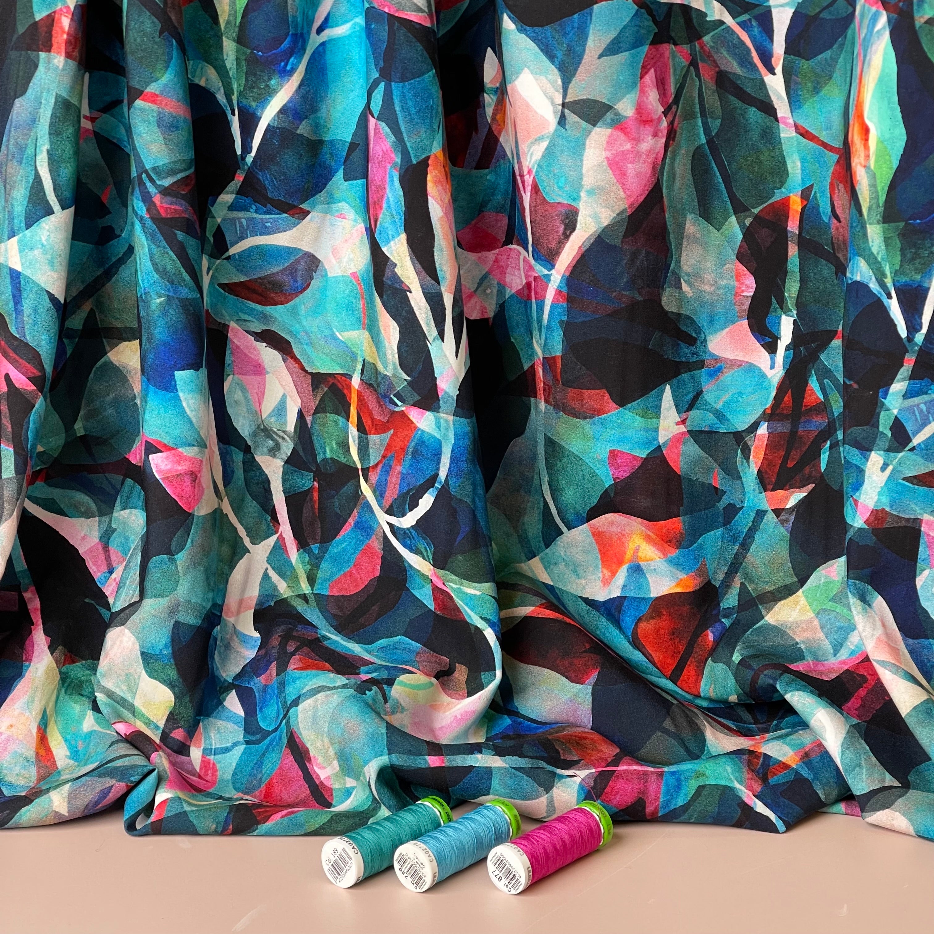 Summer Party - Painted Foliage Teal Viscose Fabric