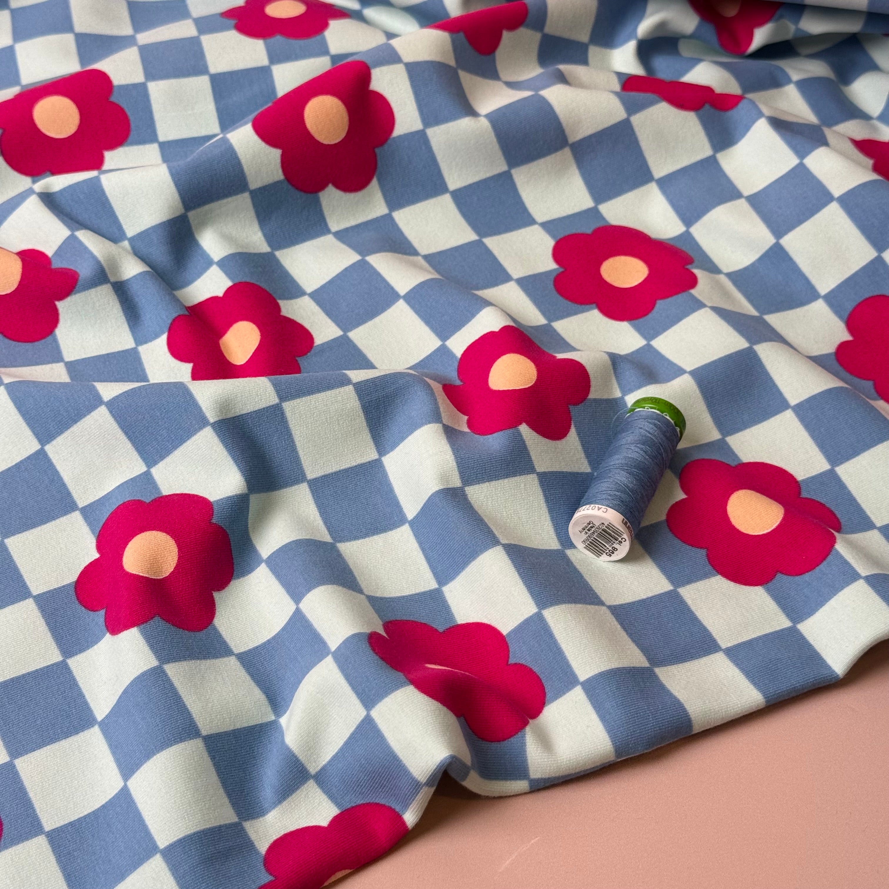 Gingham Flowers Blue Soft Cotton Sweat-shirting Fabric