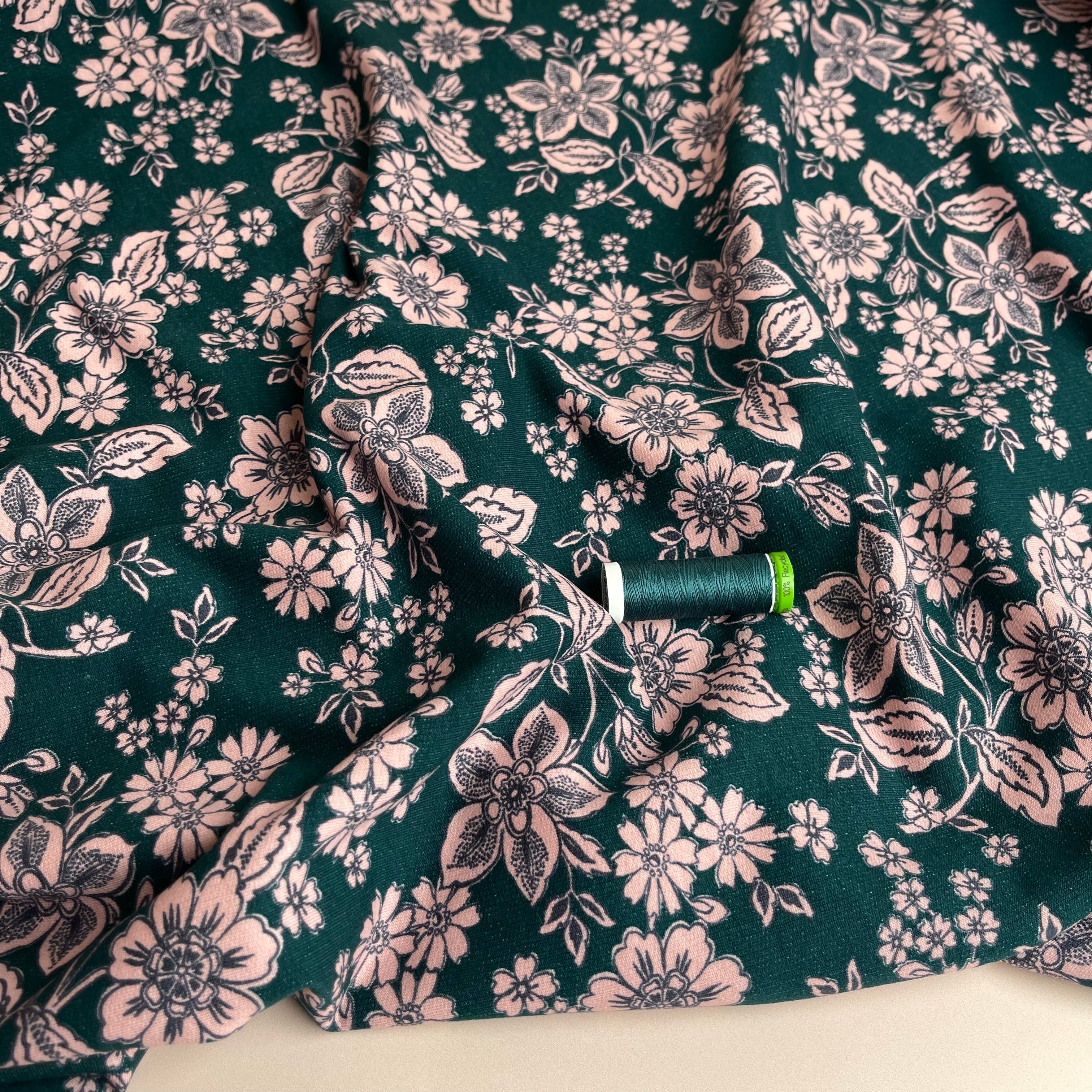 REMNANT 0.28 Metre - Line Flowers Teal Peach Soft Cotton Sweat-shirting Fabric