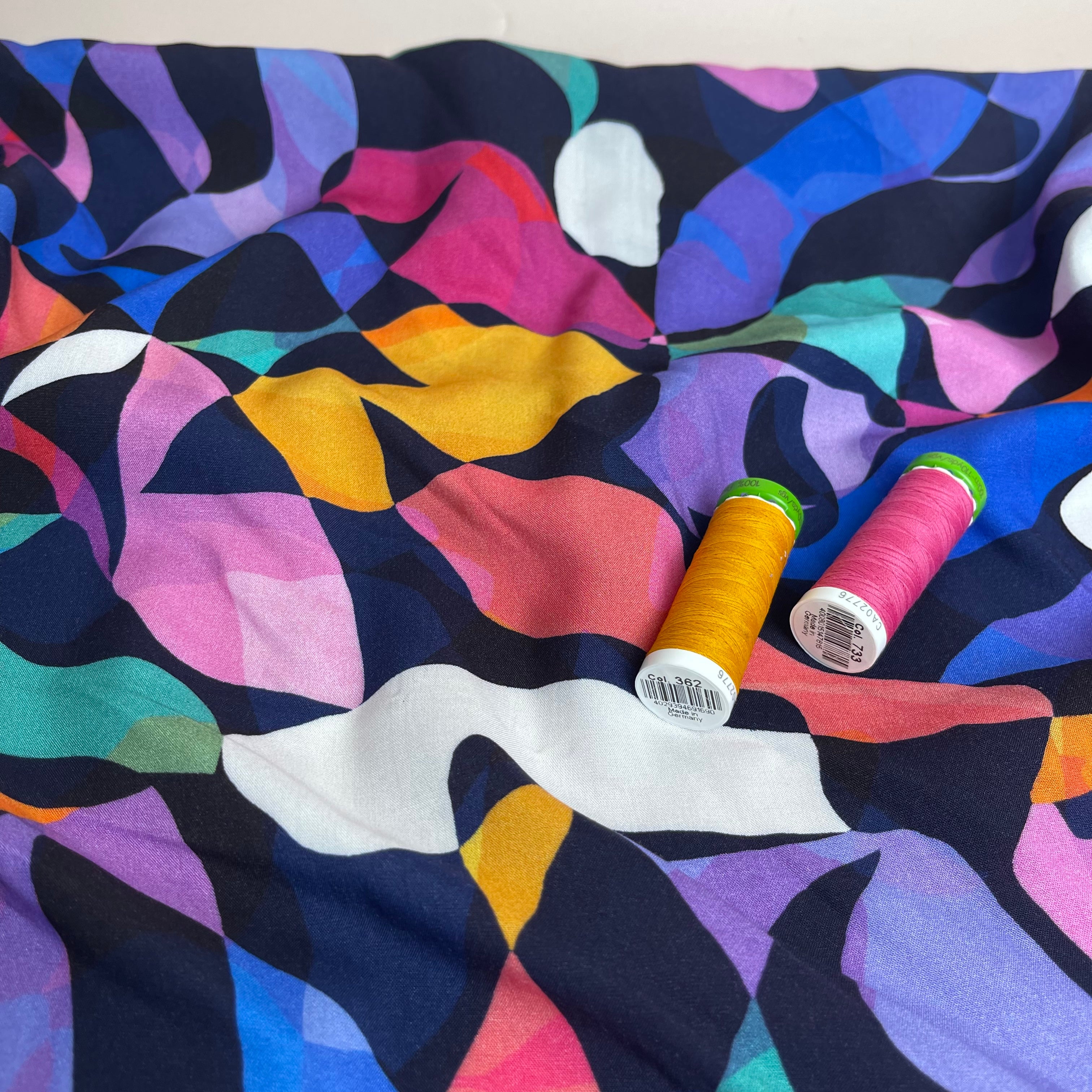 Summer Party - Rainbow Leaves Navy Viscose Fabric