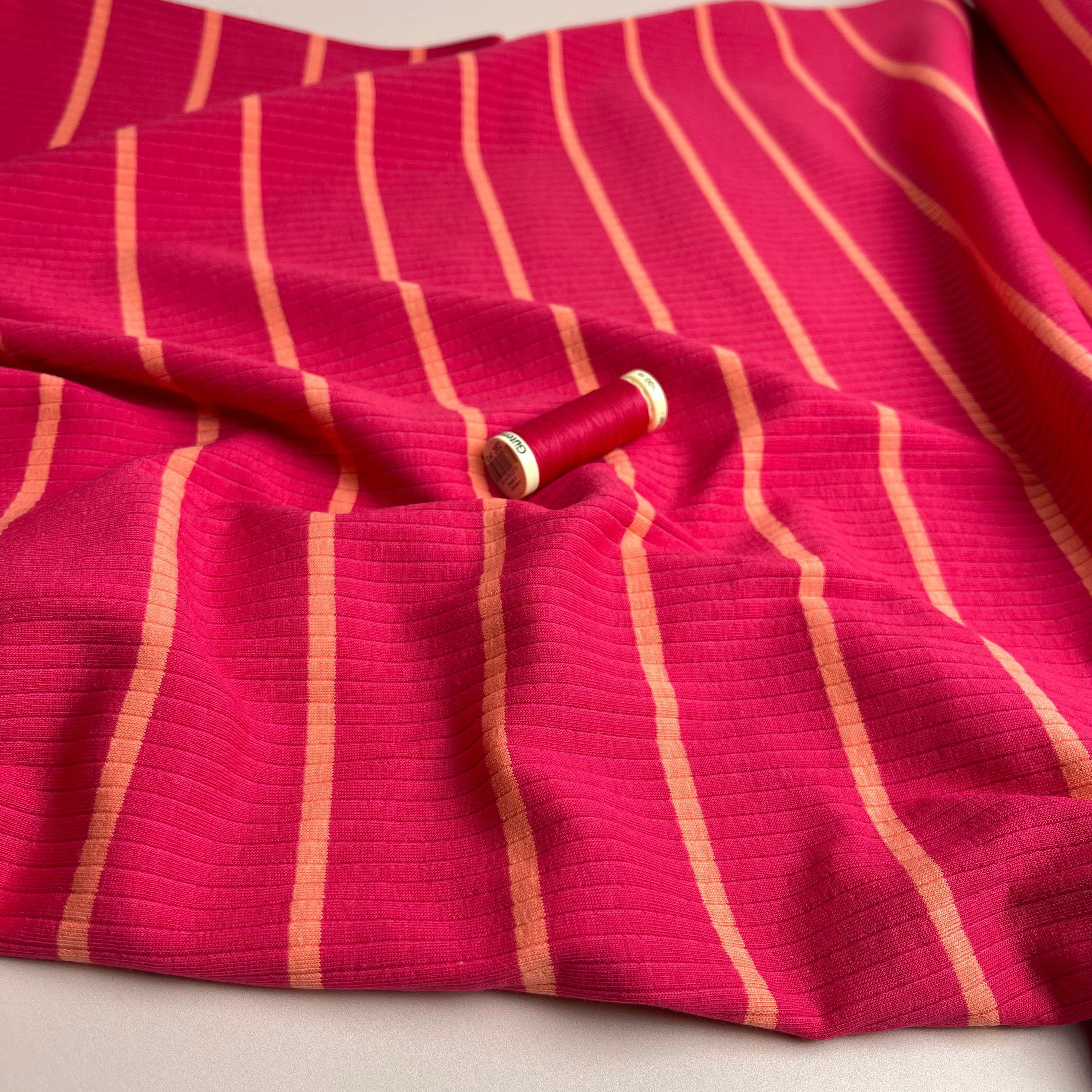 REMNANT 0.4 Metre - Yarn Dyed Striped Cotton Ribbed Jersey in Red & Coral.