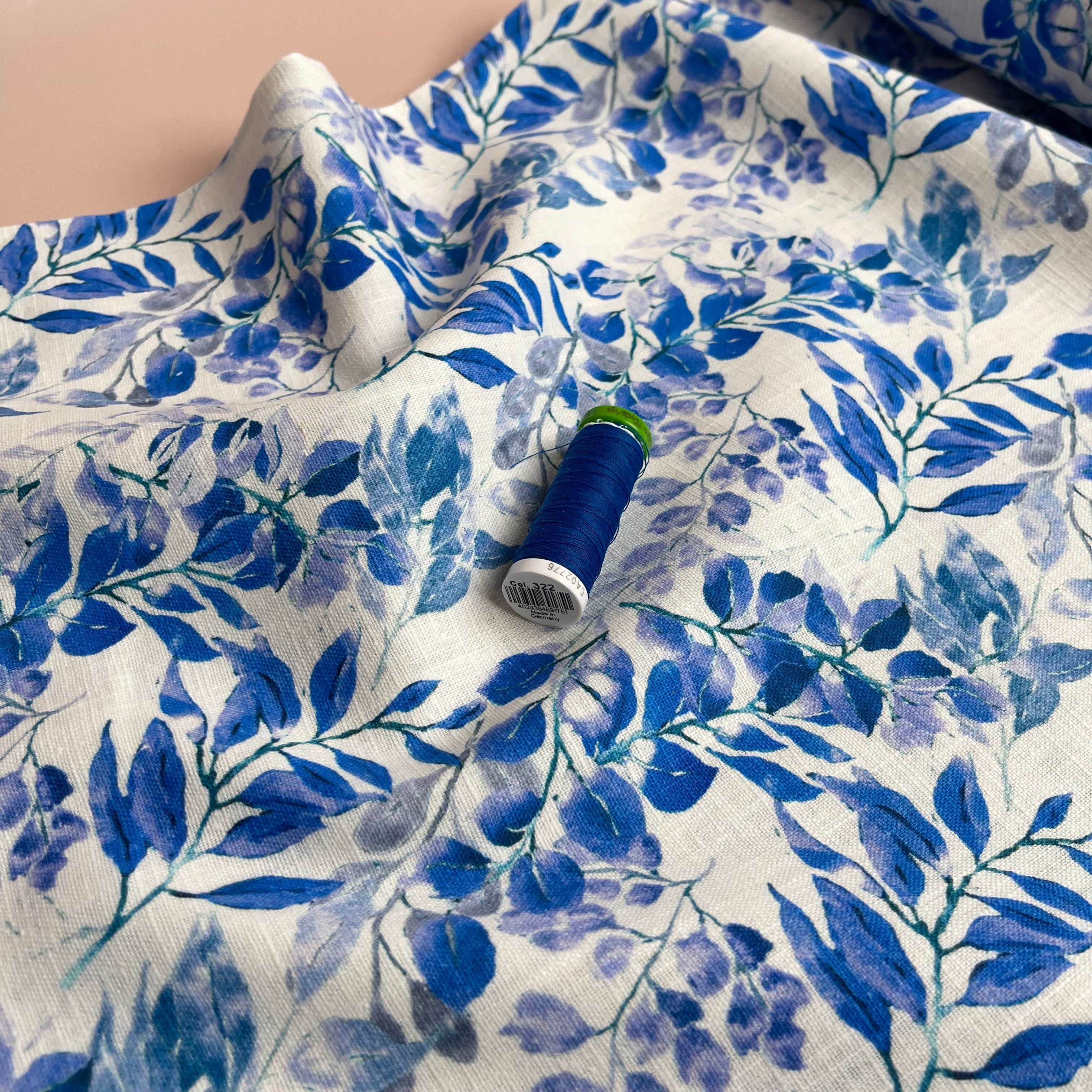 Cobalt Leaves Linen Cotton Blend Fabric