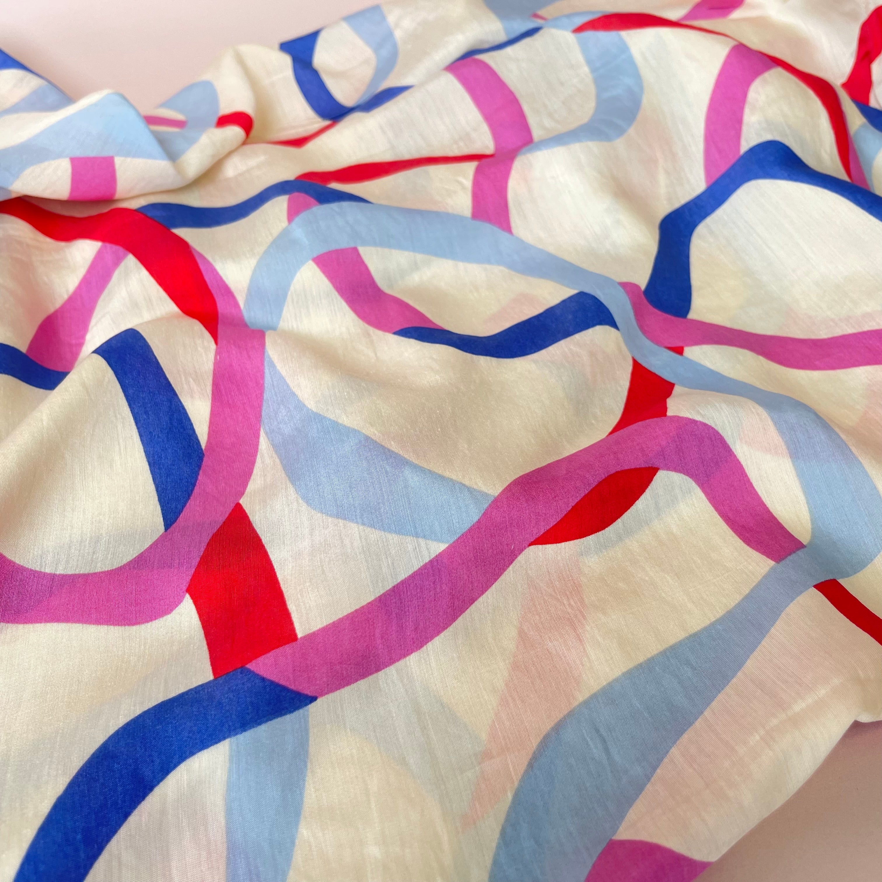 Blue and Pink Ribbons Viscose Blend Fabric