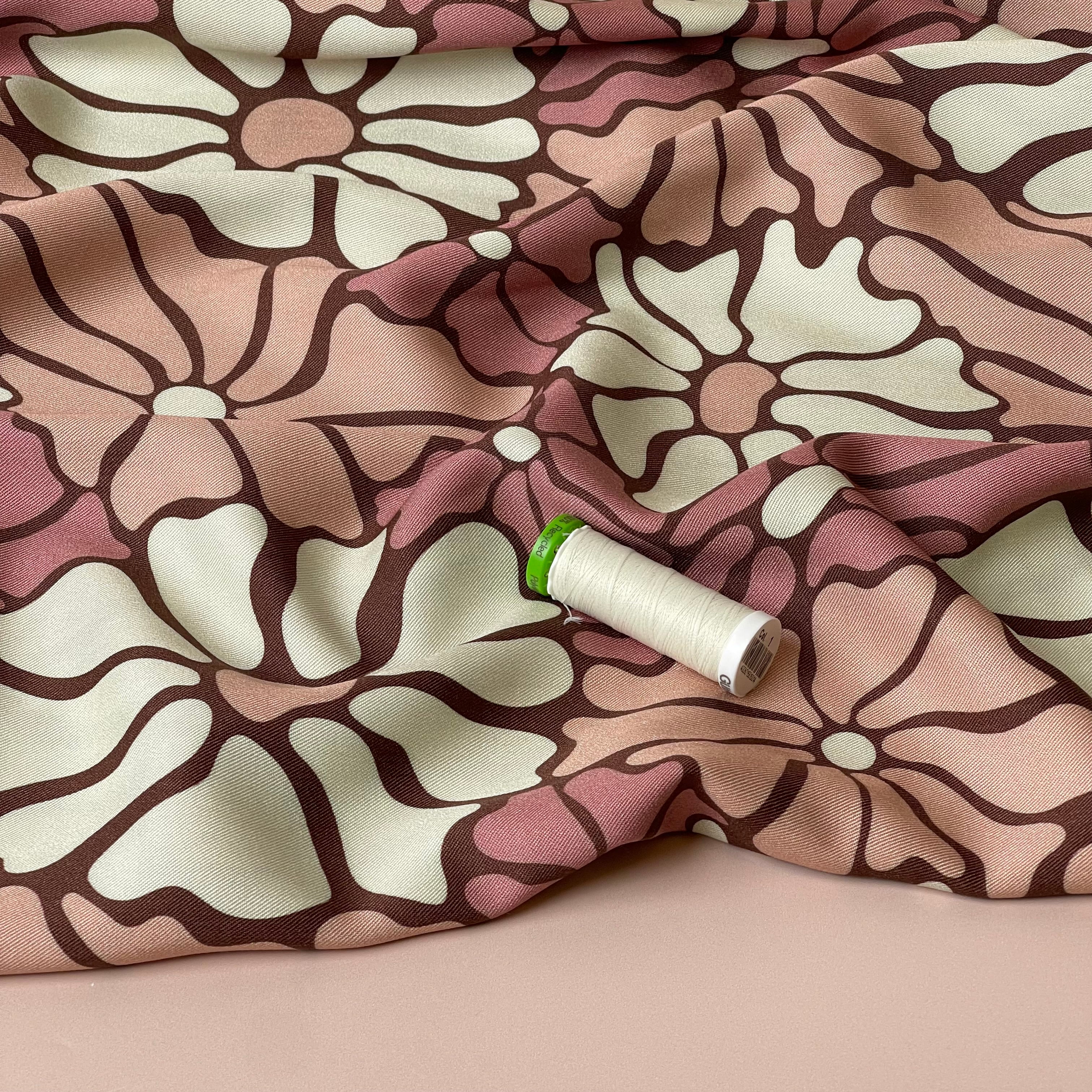 Light & Lush - Pink Blooms on Brown Viscose Twill Fabric