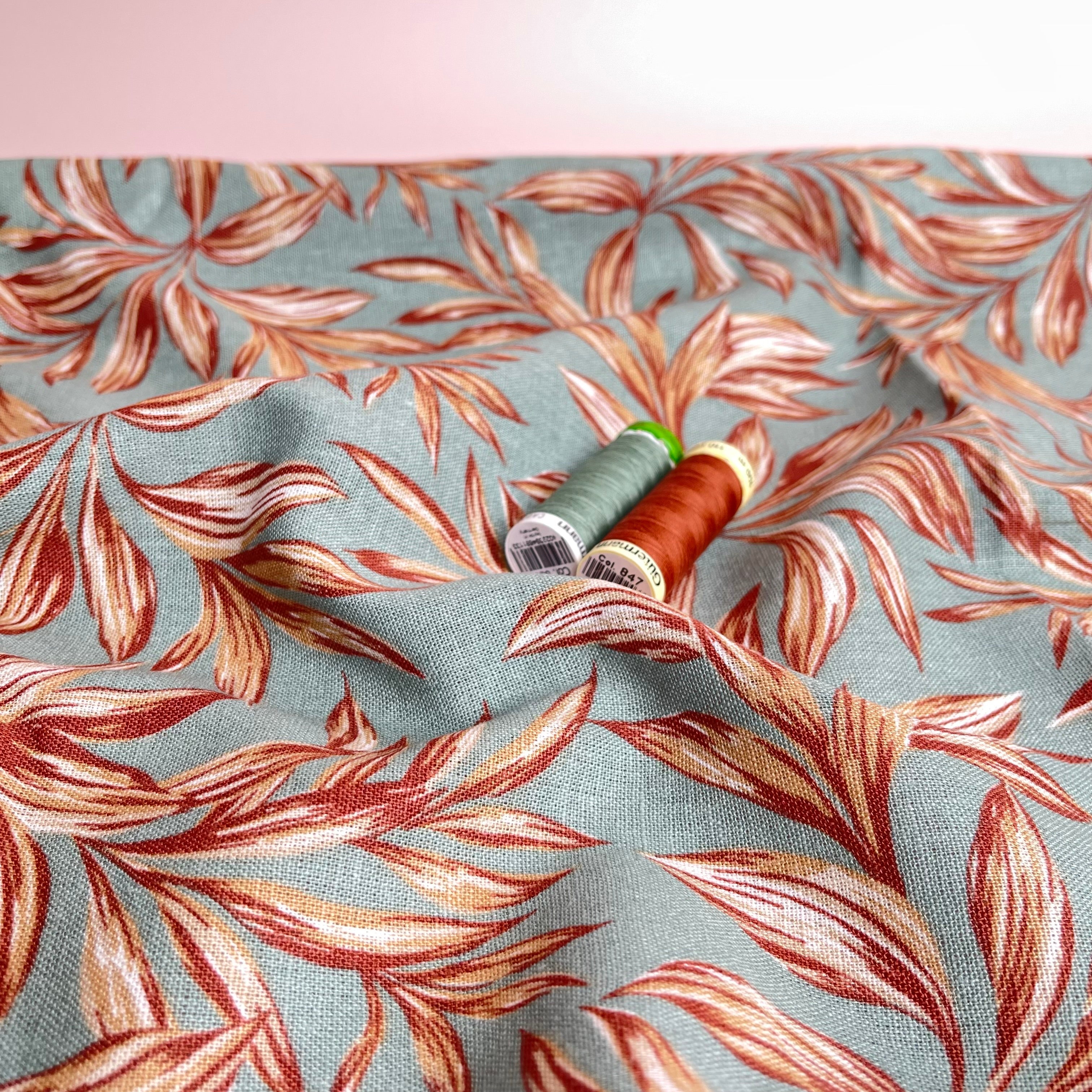 Leaves on Sage Green Washed Linen Viscose Blend Fabric