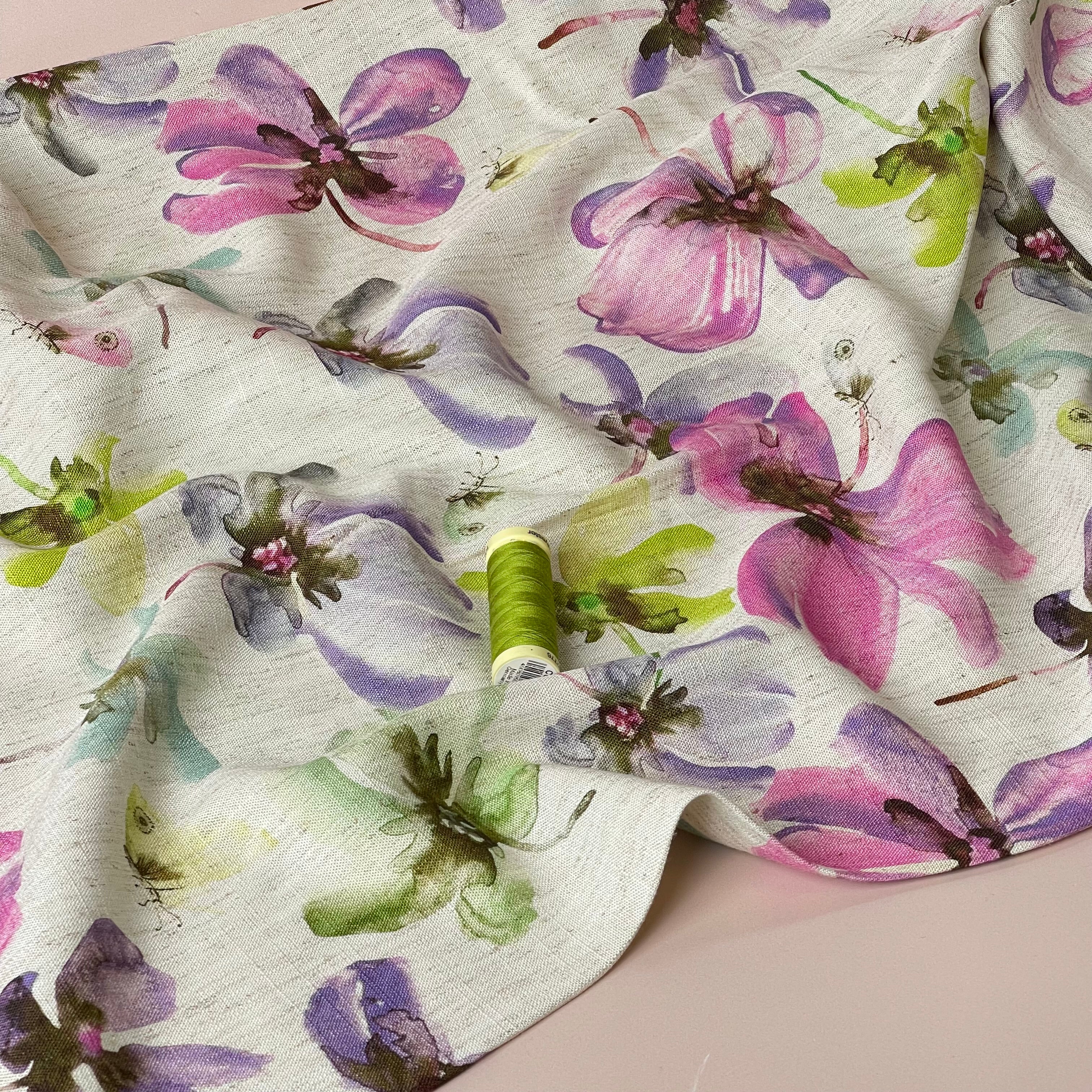 Pink Florals Viscose Linen Fabric