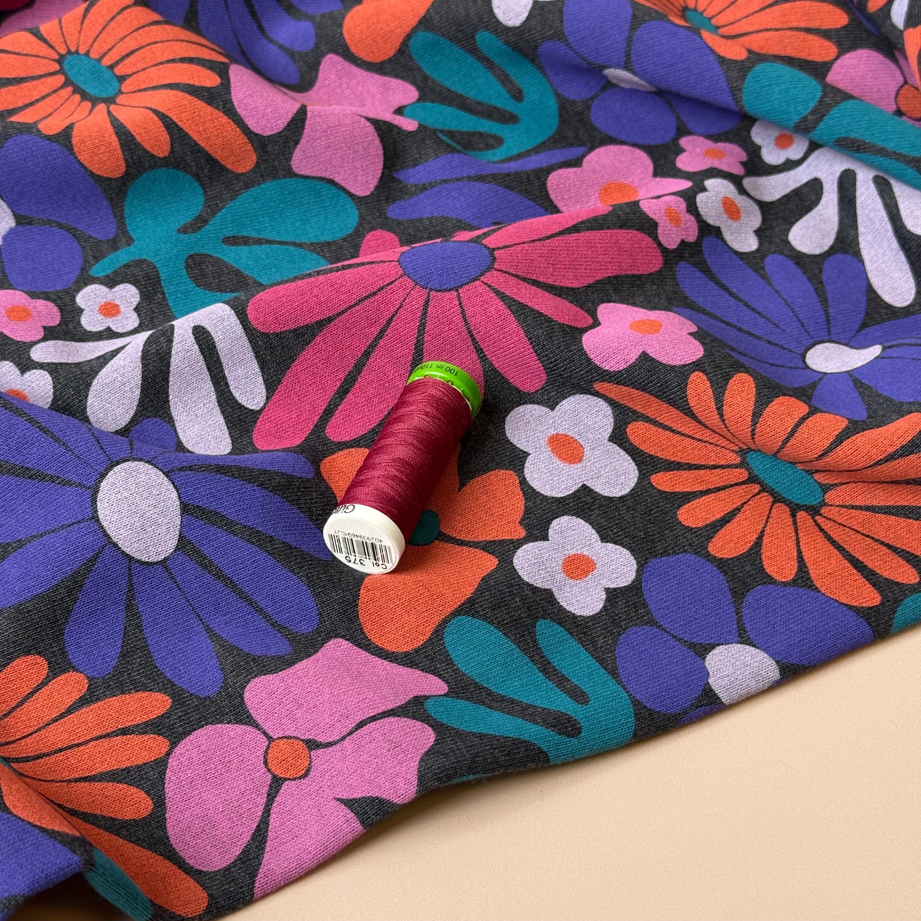 Flowers on Melange Grey Cotton Sweat-shirting Fabric