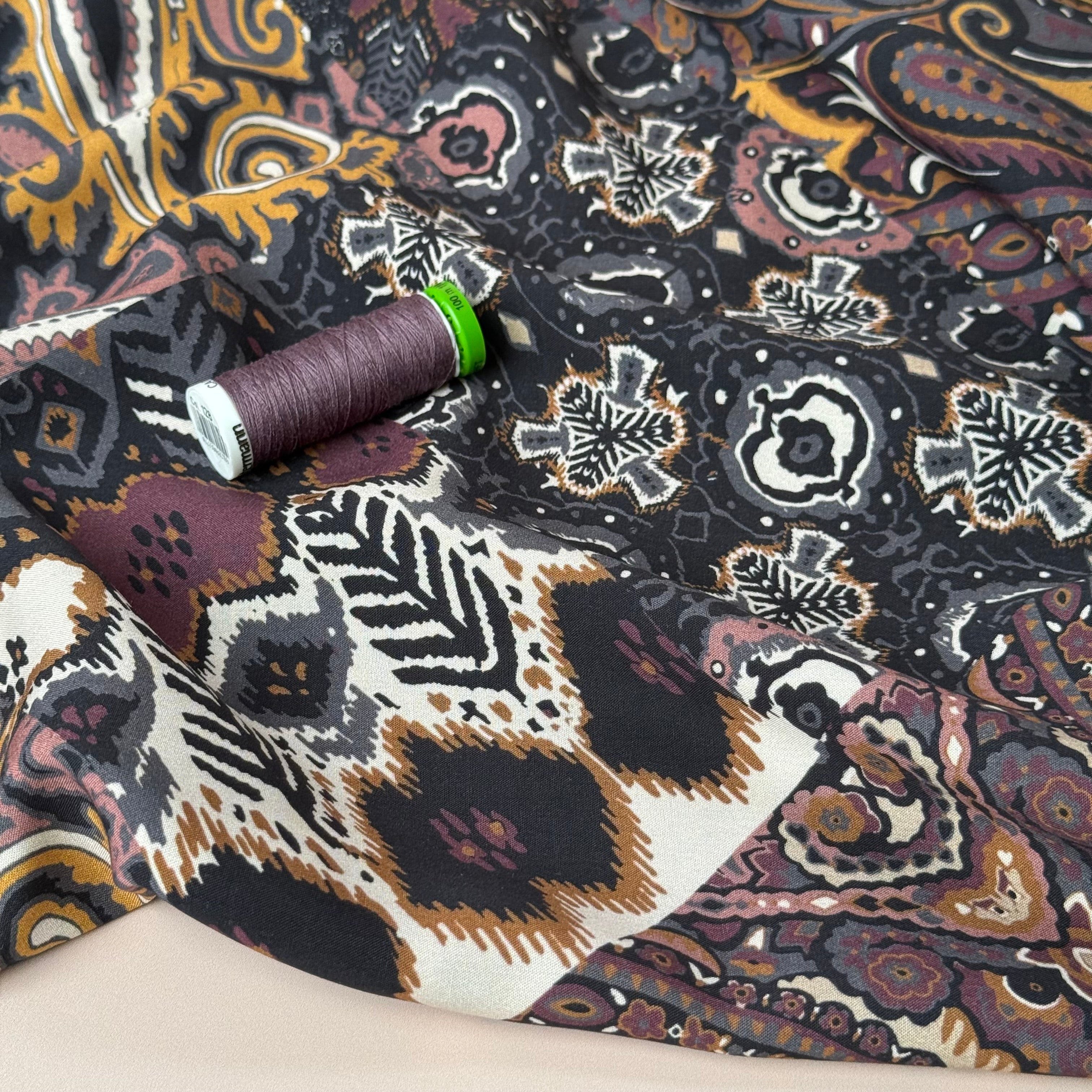 Bohemian Tiles Neutral Viscose Fabric