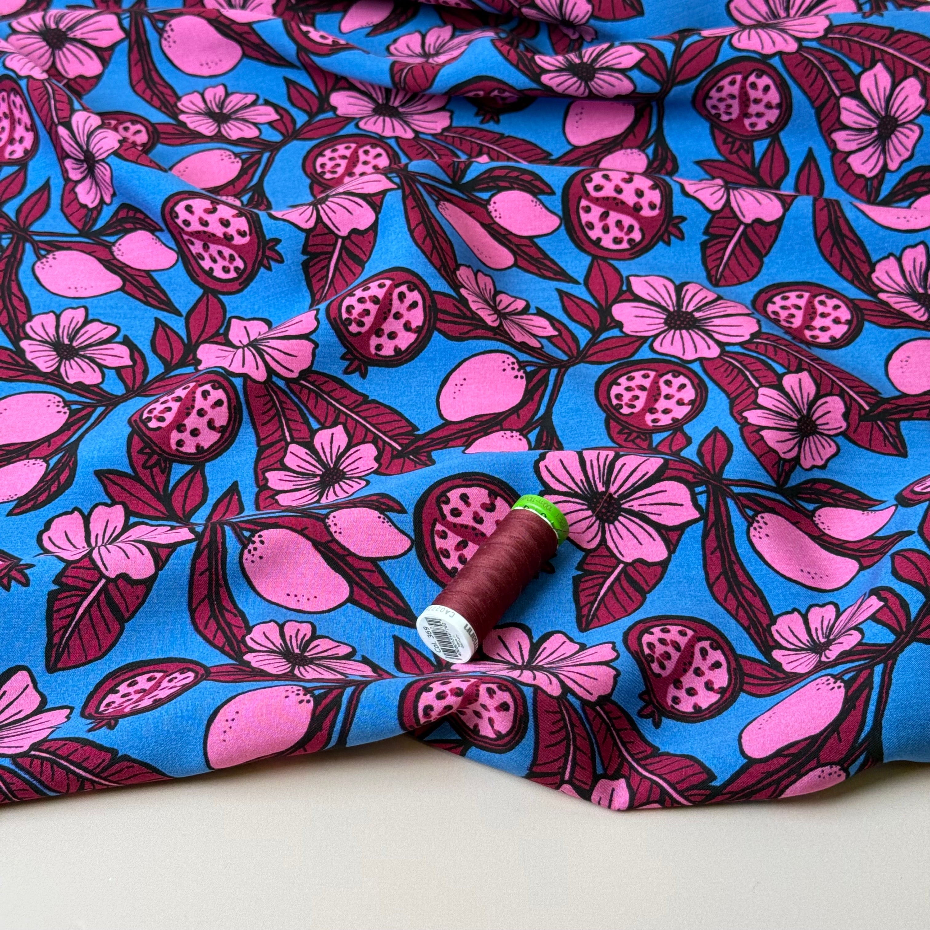 Pomegranates on Azure Blue Viscose Fabric