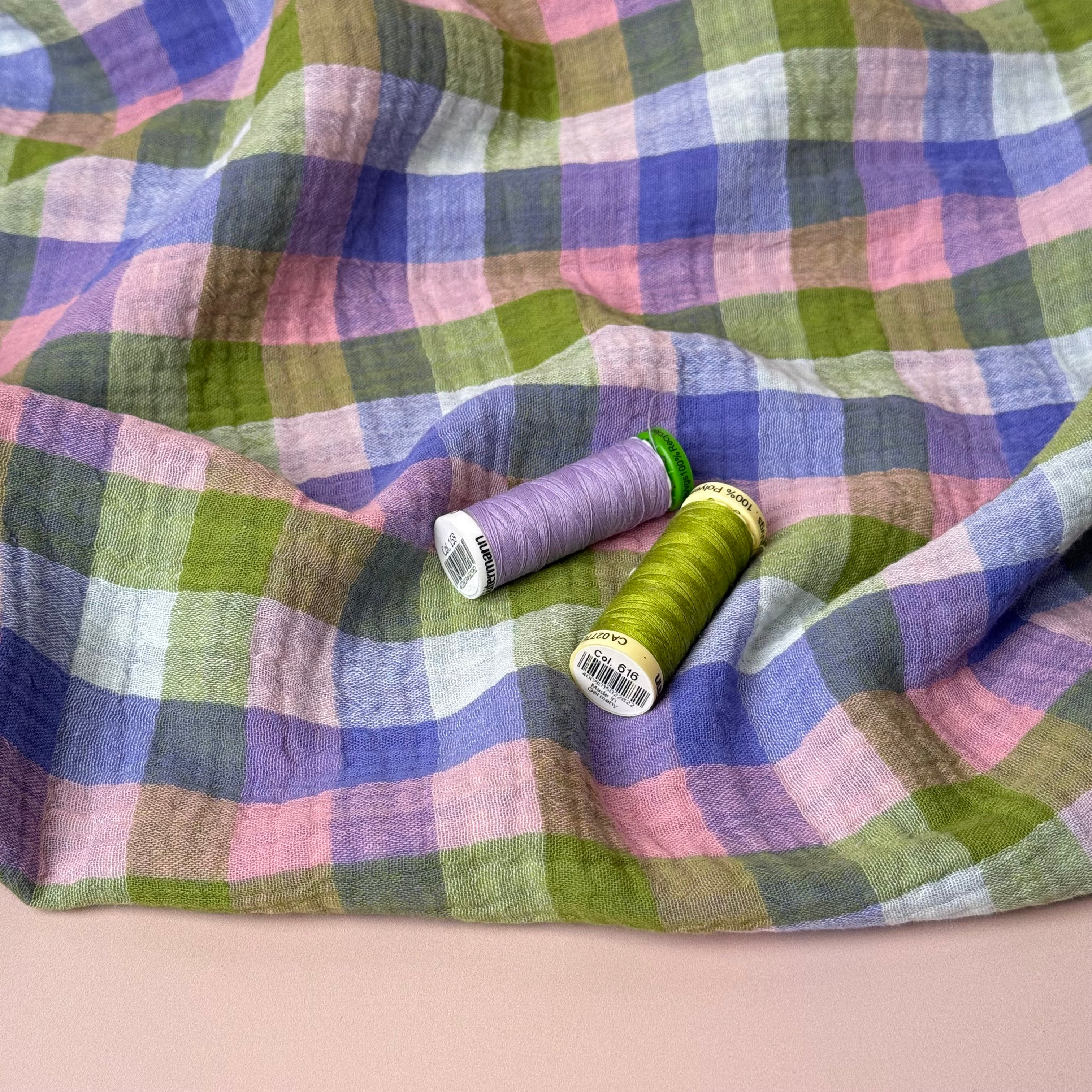 Reversible Lilac & Green Checked Cotton Double Gauze