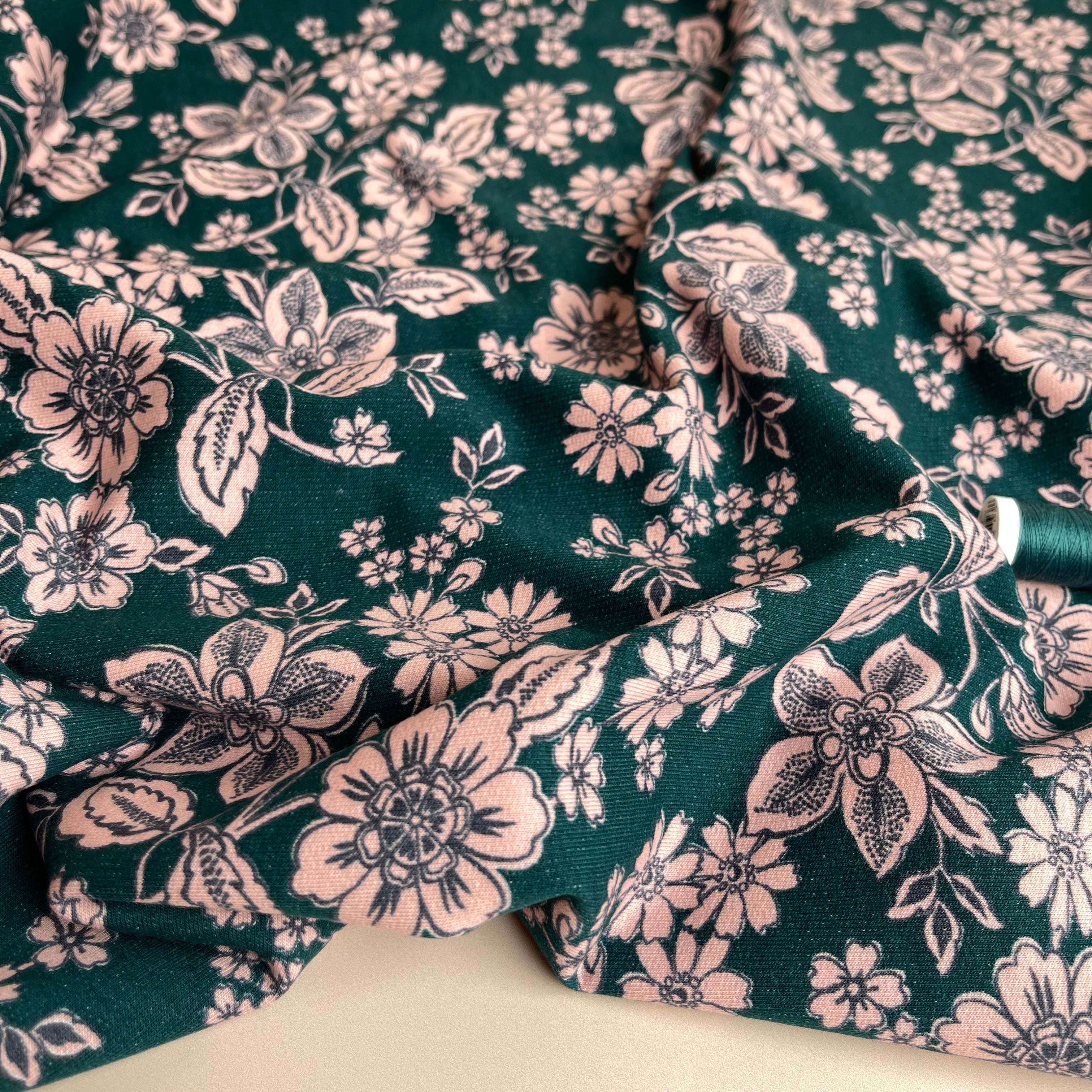 REMNANT 0.28 Metre - Line Flowers Teal Peach Soft Cotton Sweat-shirting Fabric