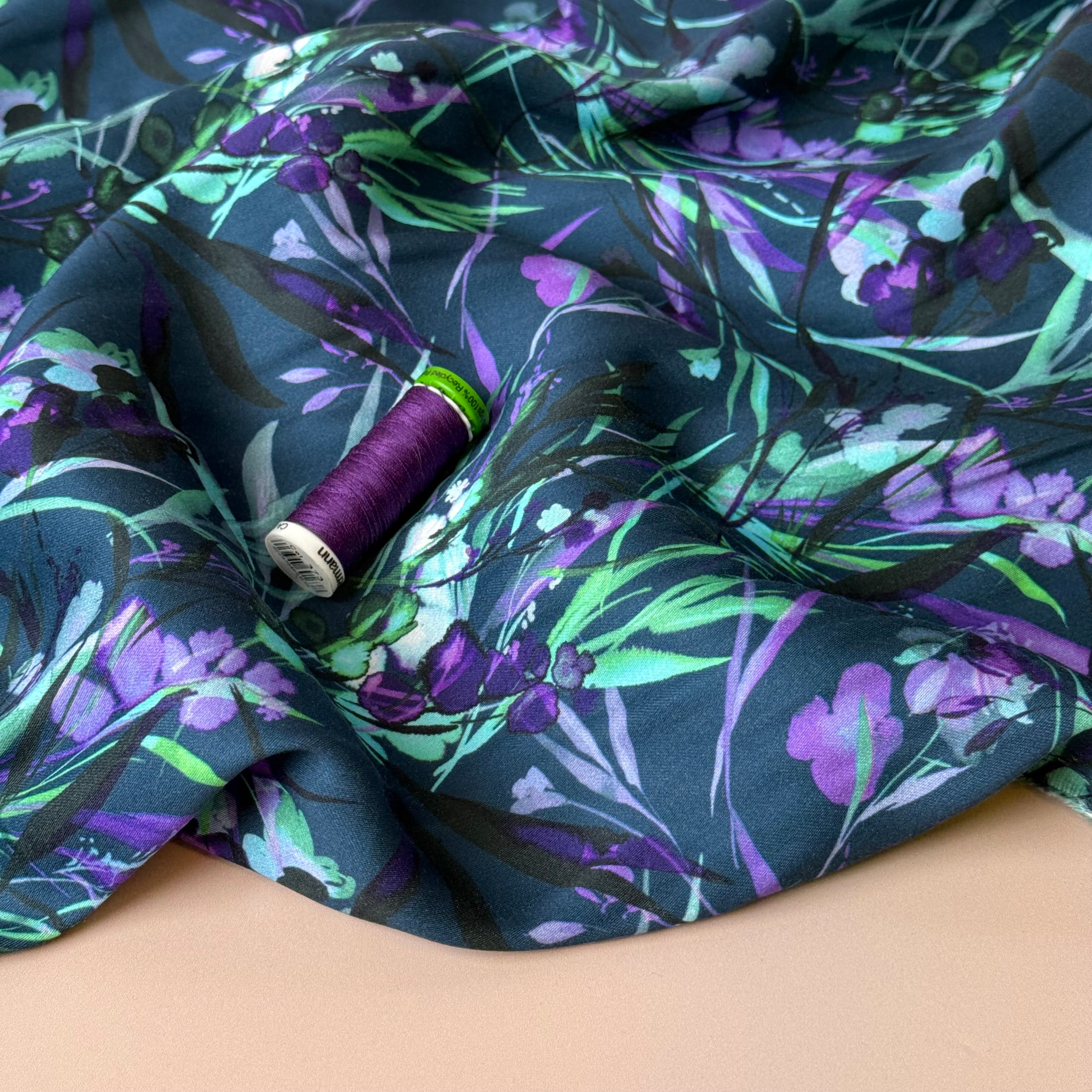 Autumn Foliage Petrol Blue Viscose Sateen Fabric