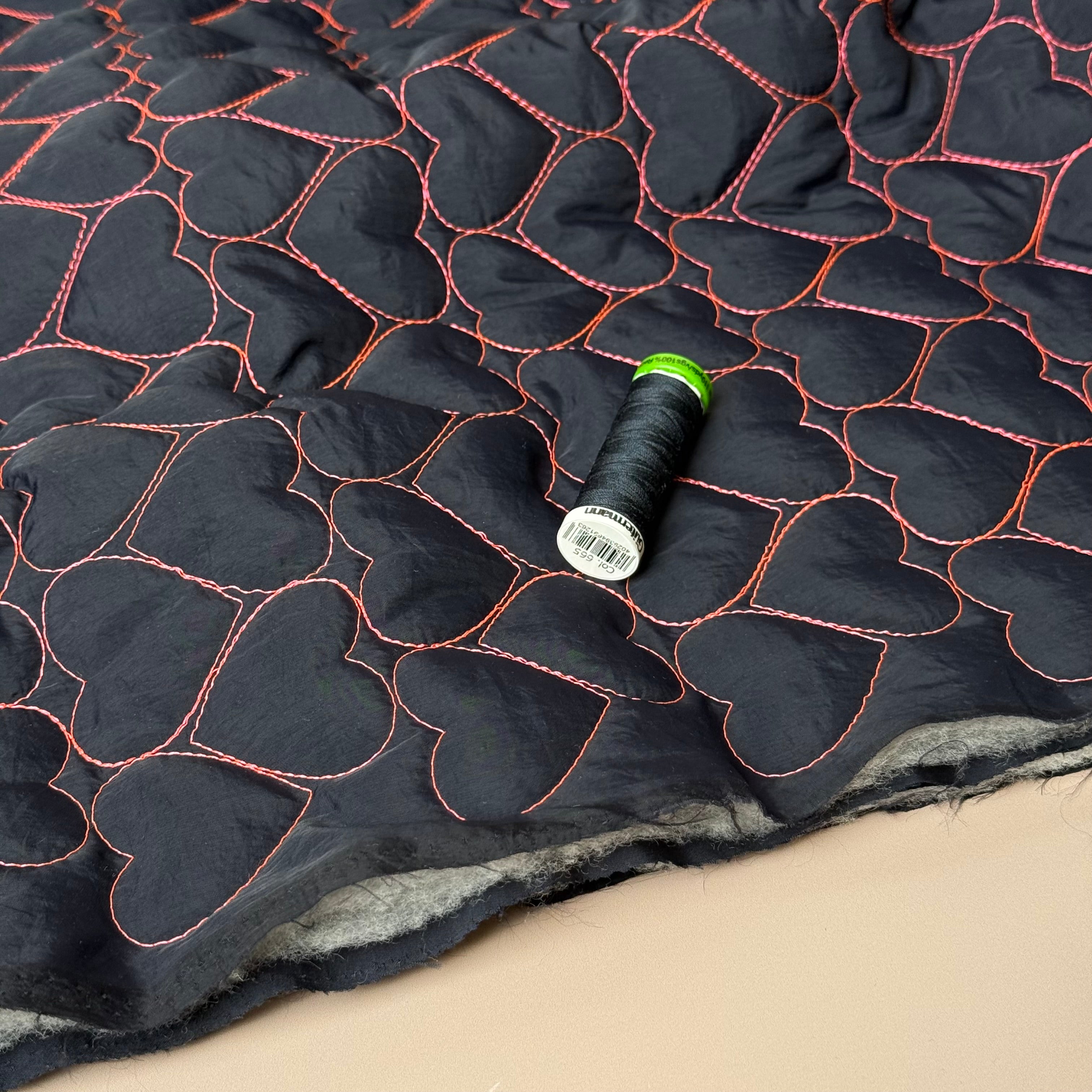Hearts on Black Quilted Fabric
