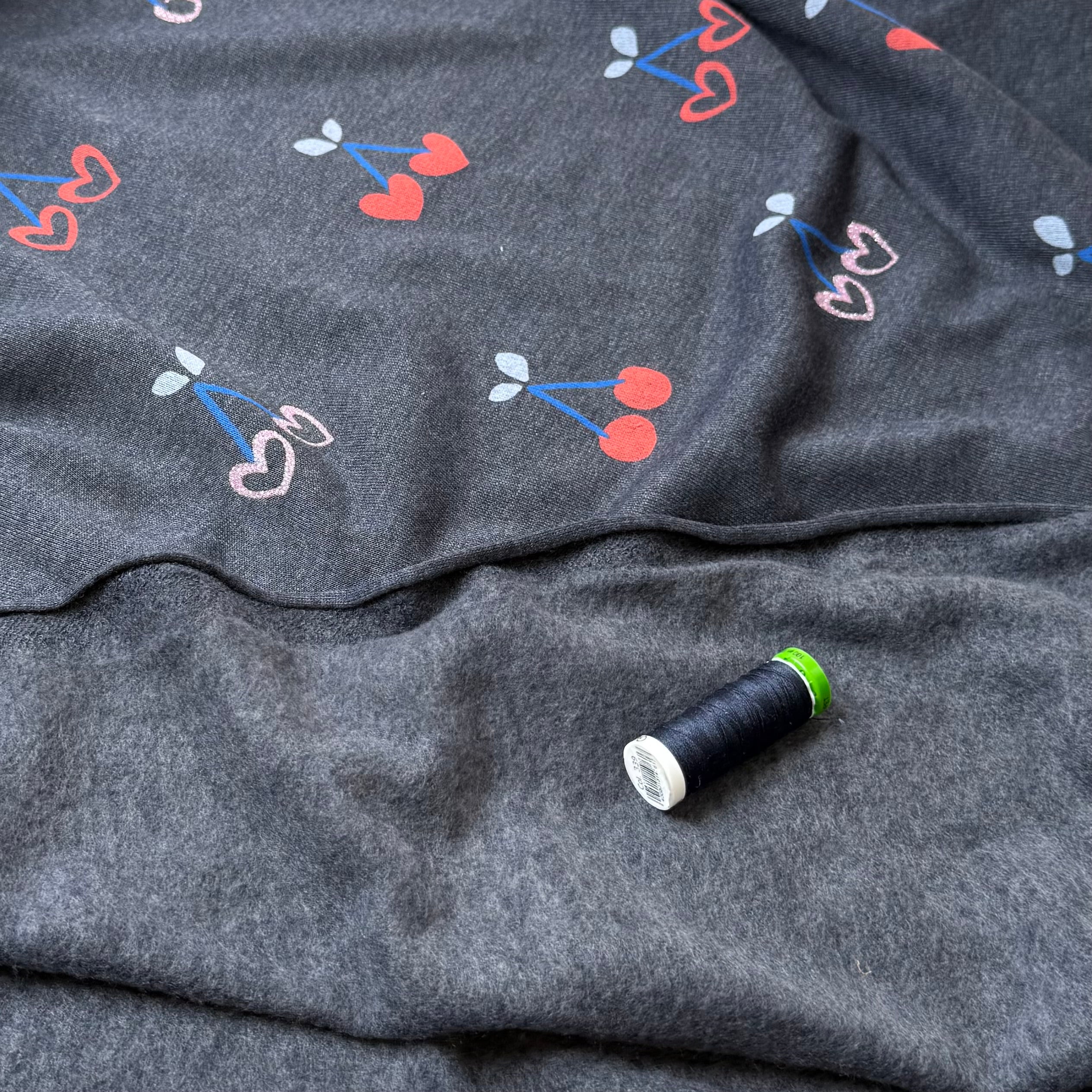 Glitter Cherries on Melange Dark Navy Cotton Sweat-shirting Fabric
