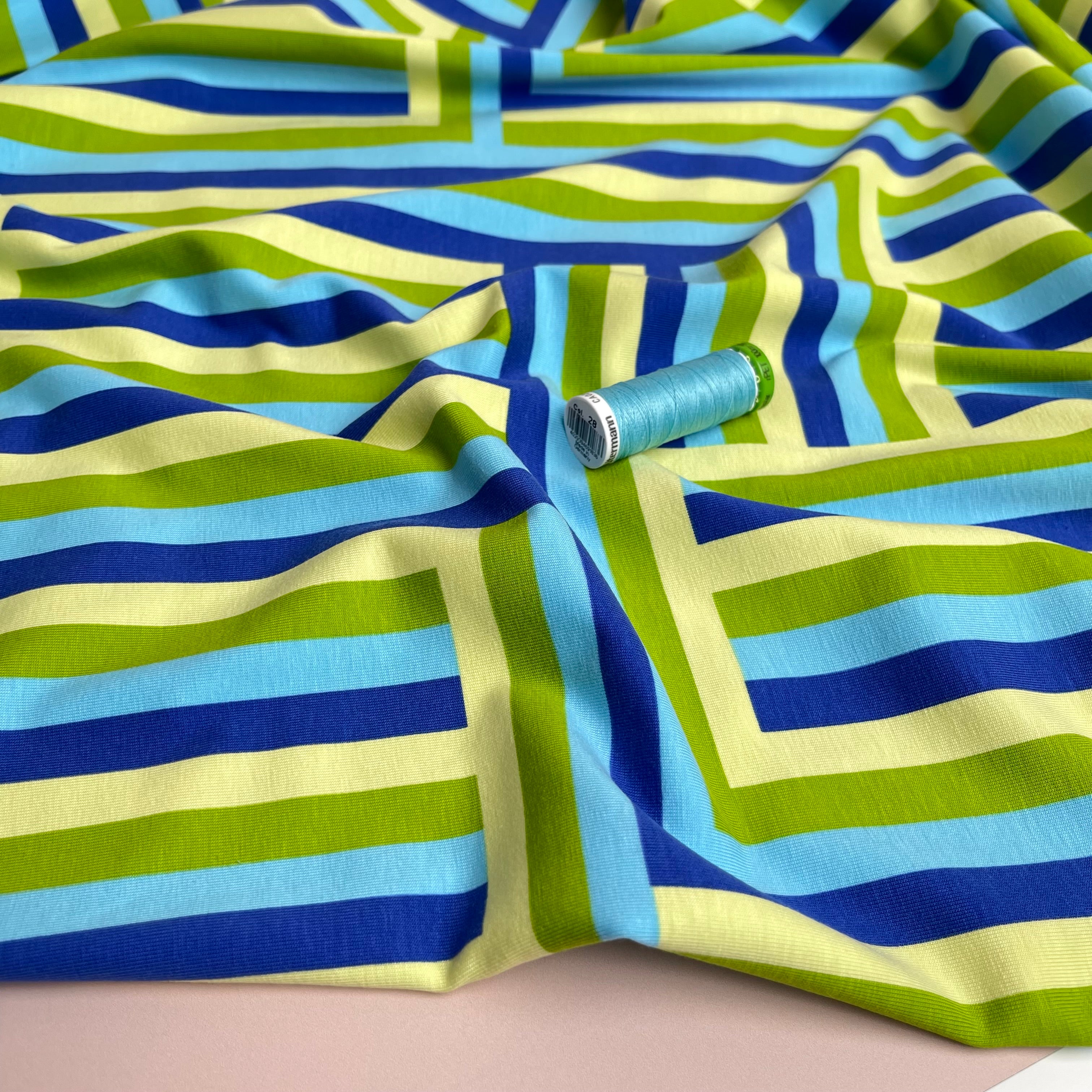 REMNANT 1.5 Metres - Rainbow Maze Turquoise Cotton Jersey Fabric