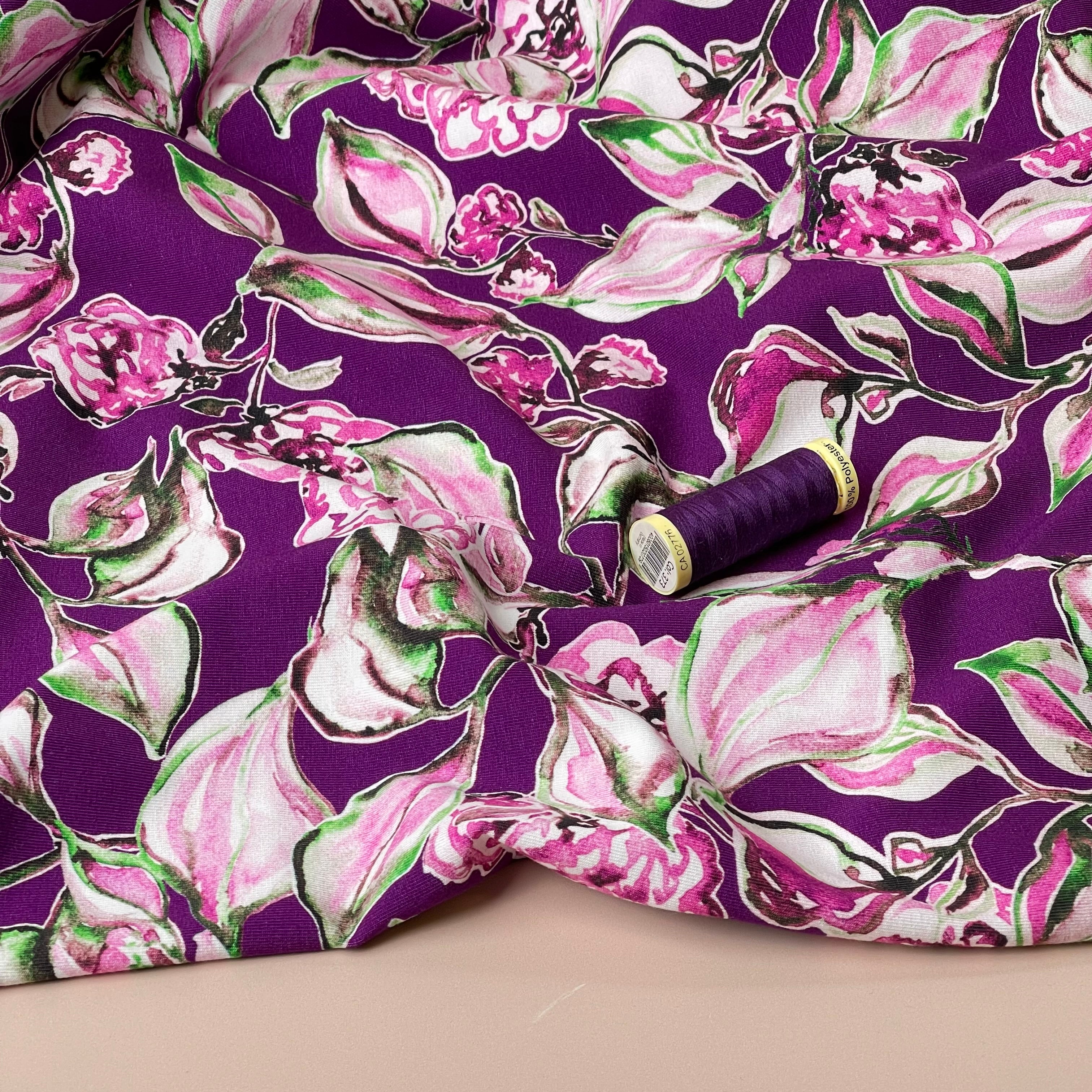 Danish Design - Painterly Flowers on Purple Cotton Jersey Fabric