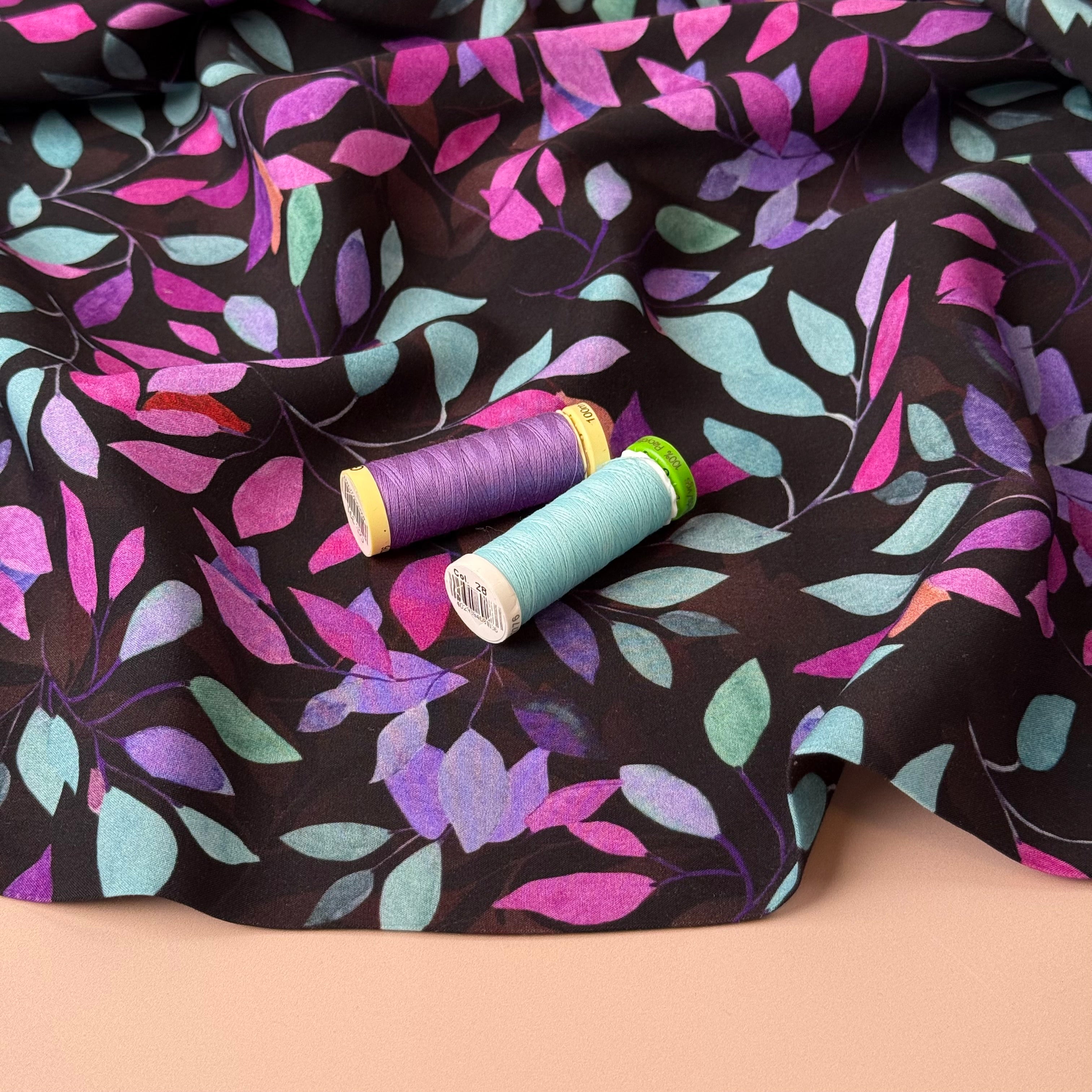 Petals on Black Viscose Fabric