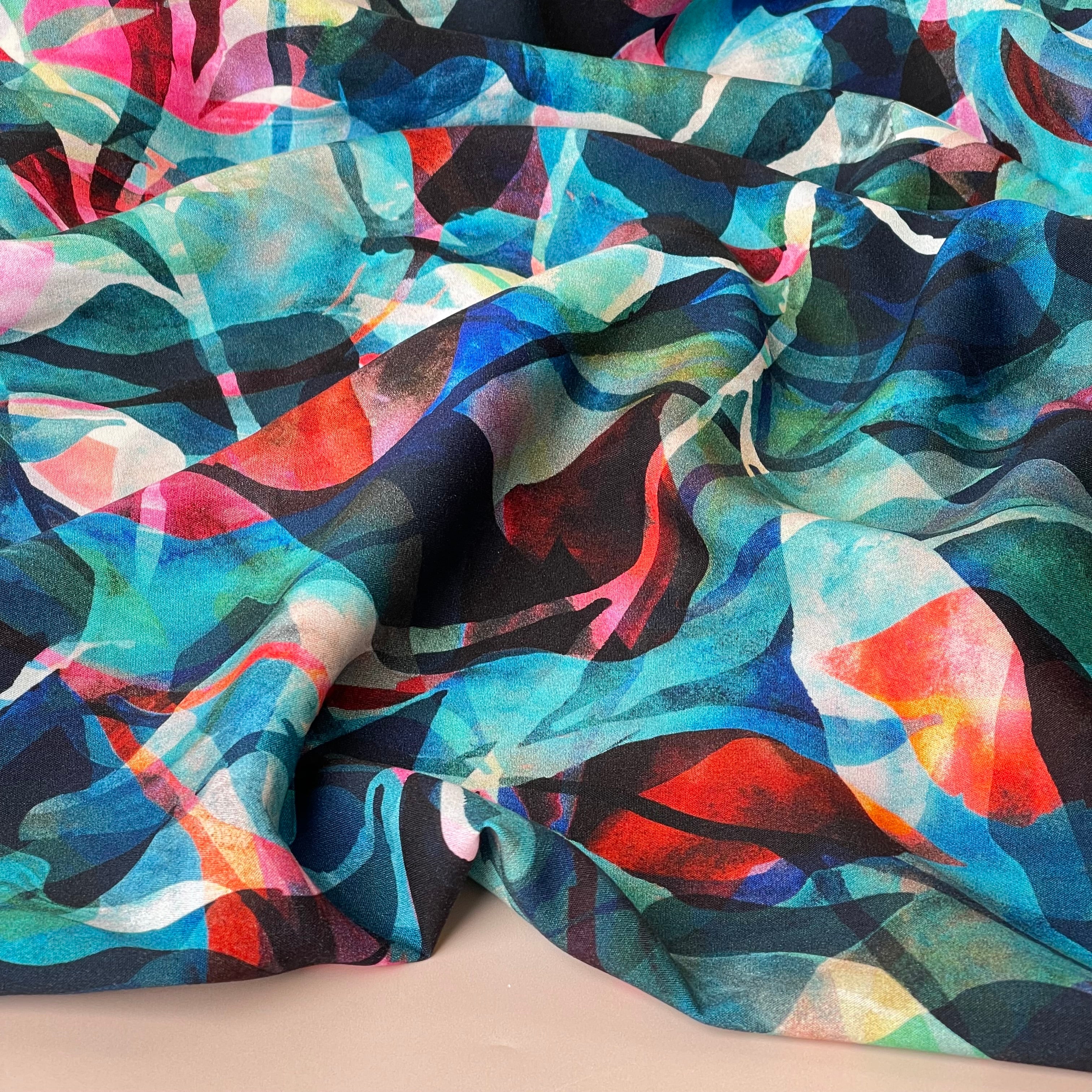 Summer Party - Painted Foliage Teal Viscose Fabric