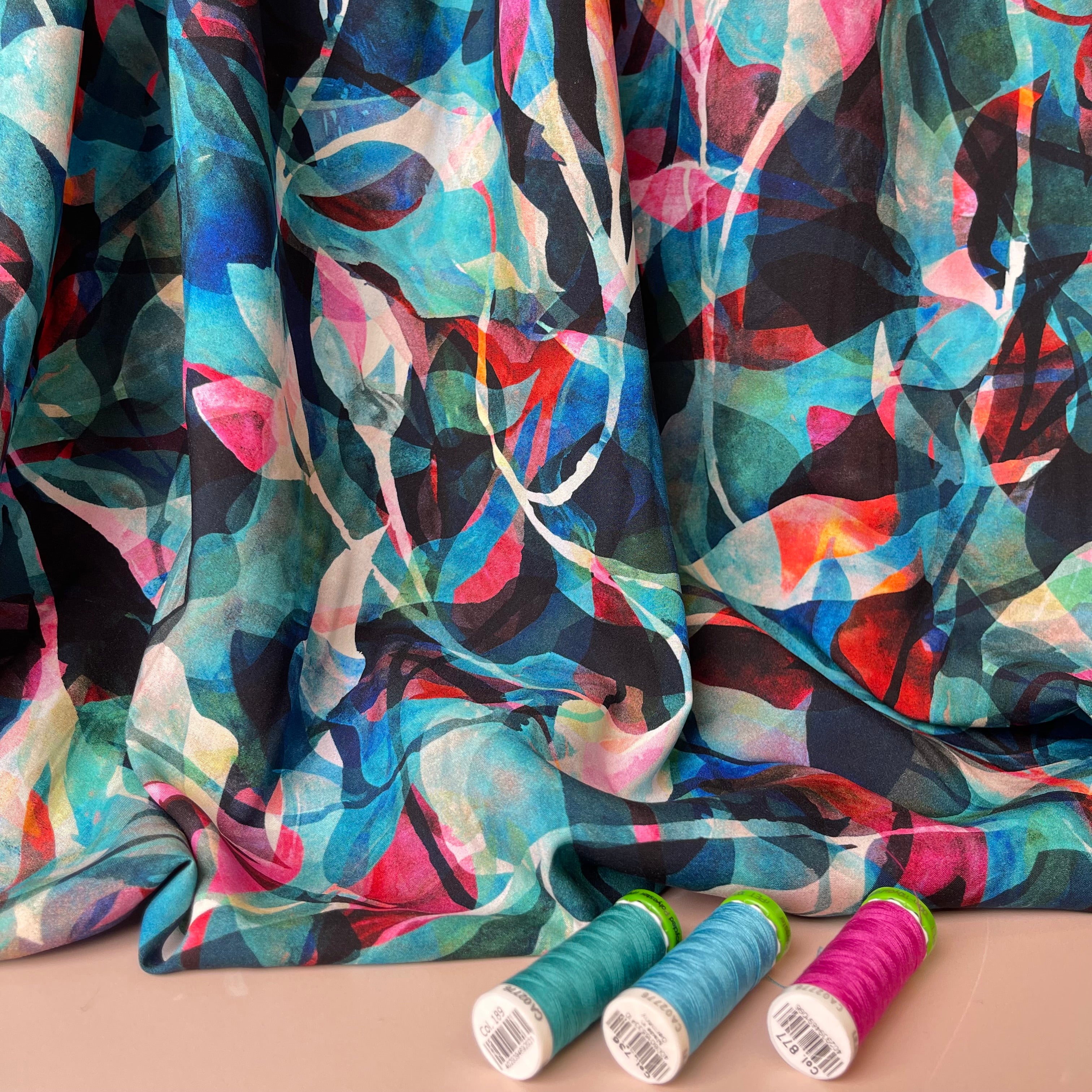 Summer Party - Painted Foliage Teal Viscose Fabric