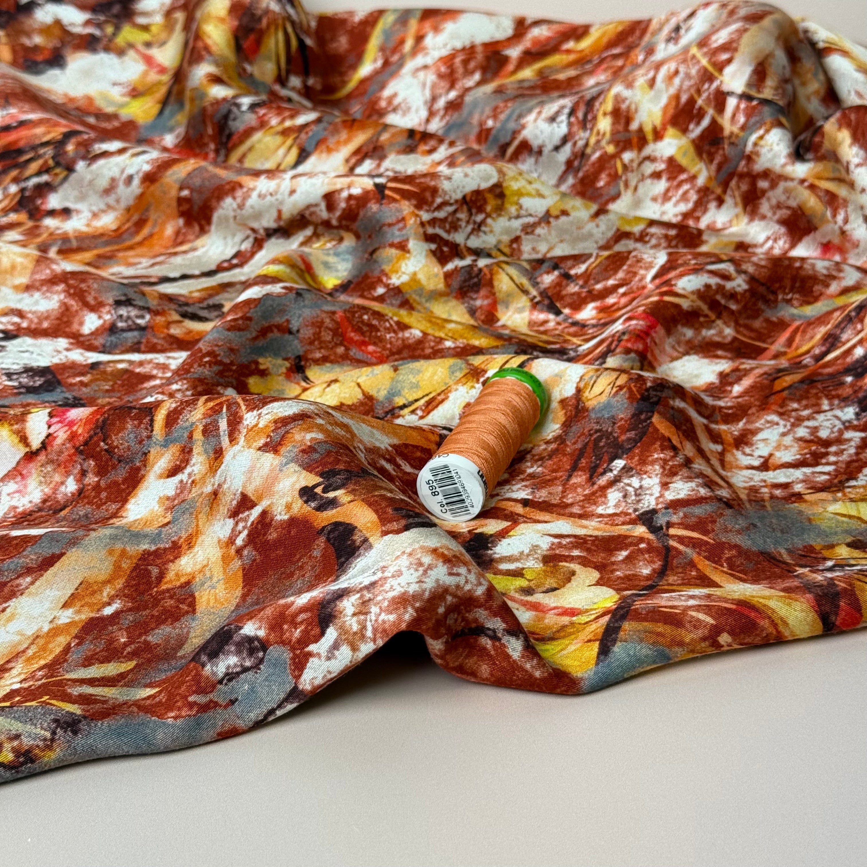 Autumn Foliage Terracotta Viscose Sateen Fabric