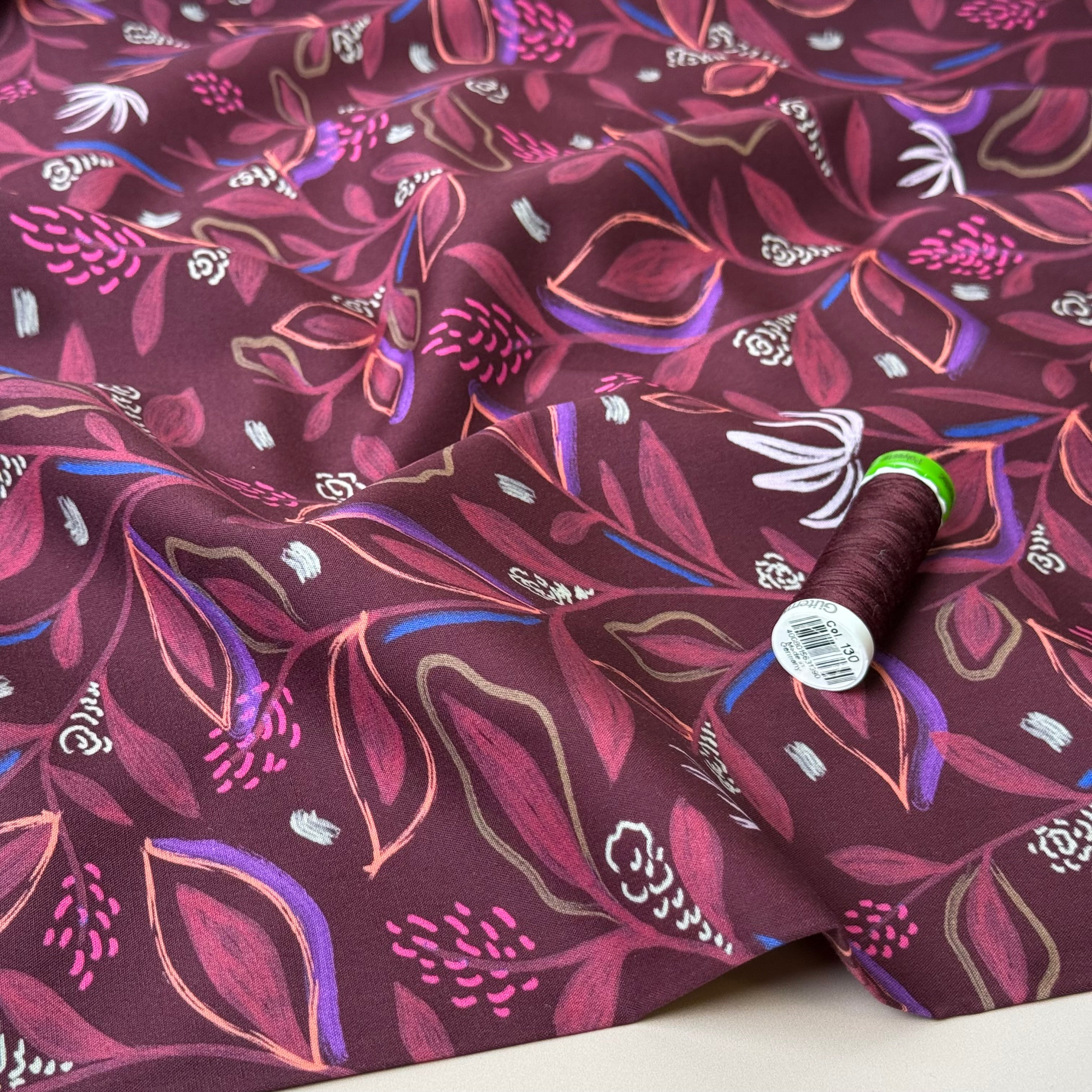 Flowering Branches in Pomegranate Fine Cotton Poplin Fabric