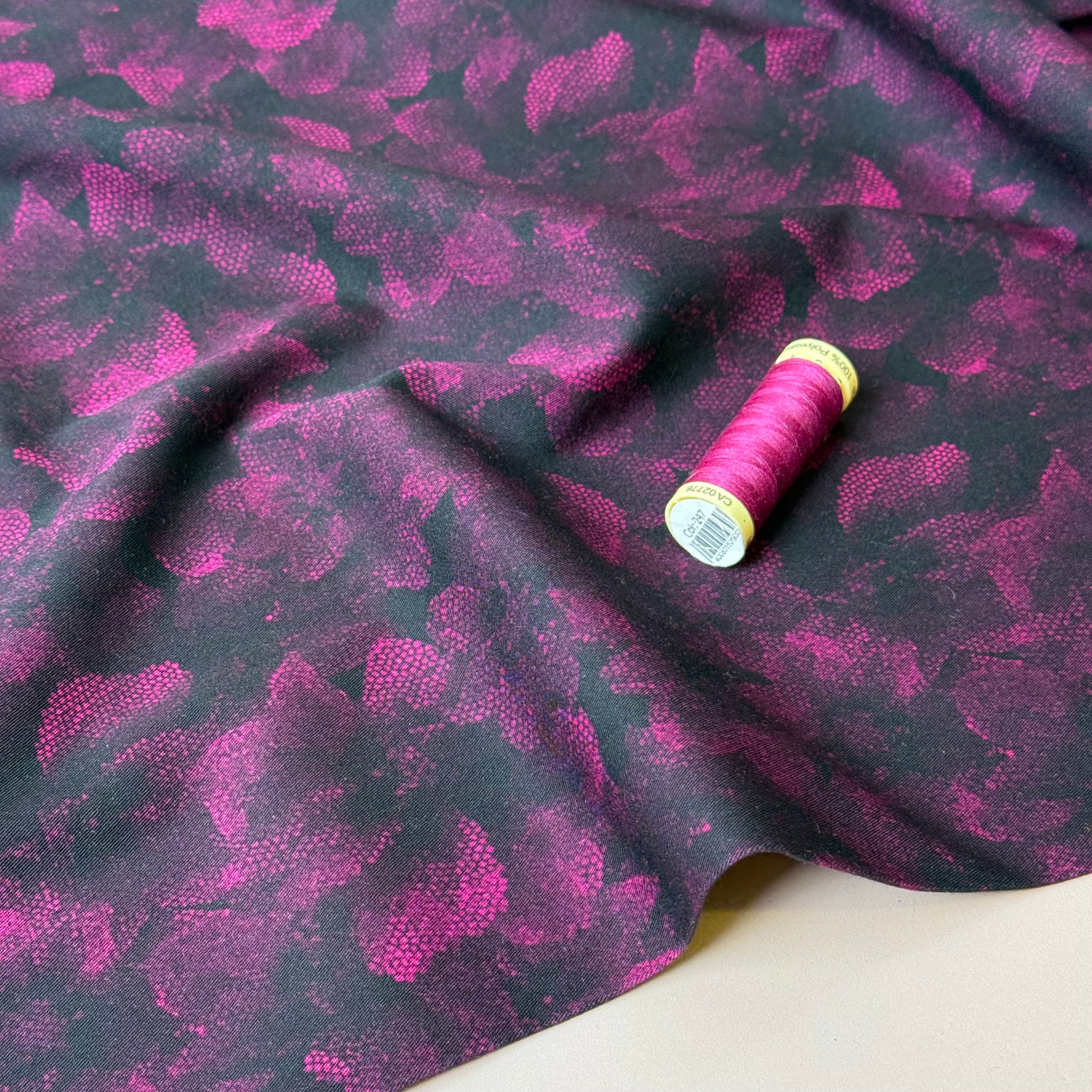 Magenta Flowers on Black Viscose Twill with Stretch
