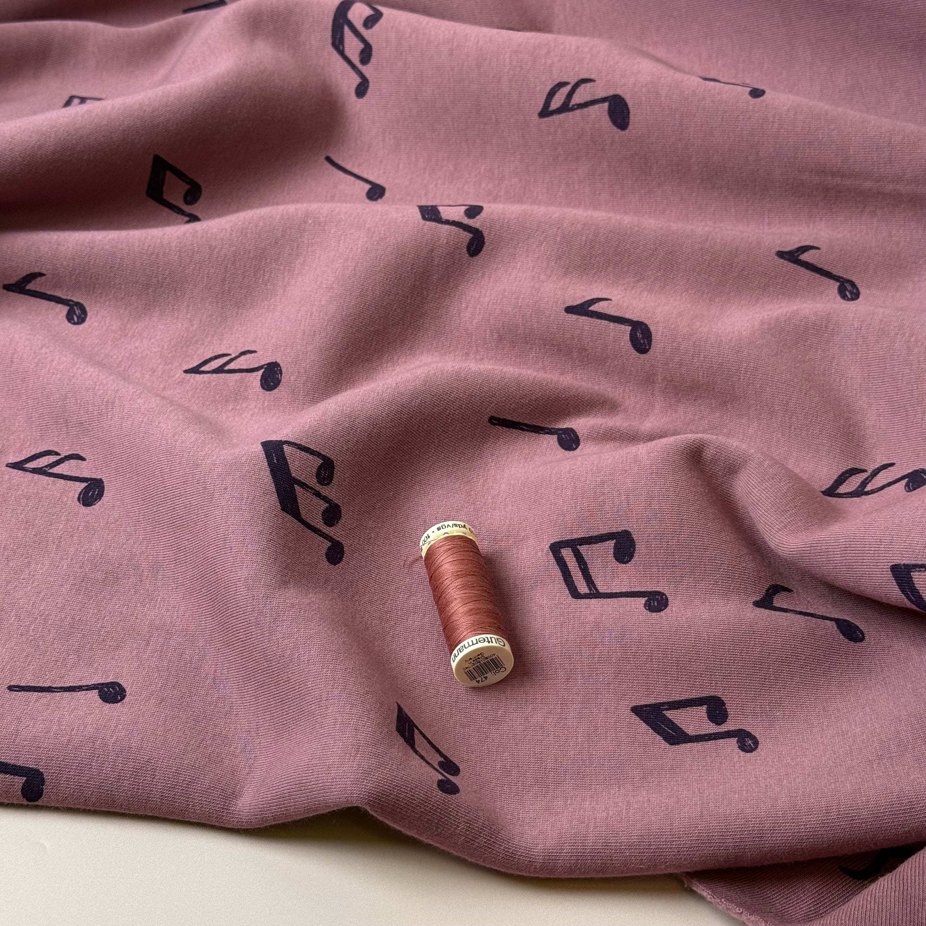 Music Notes in Mauve Soft Cotton Jogging Sweat-shirting Fabric