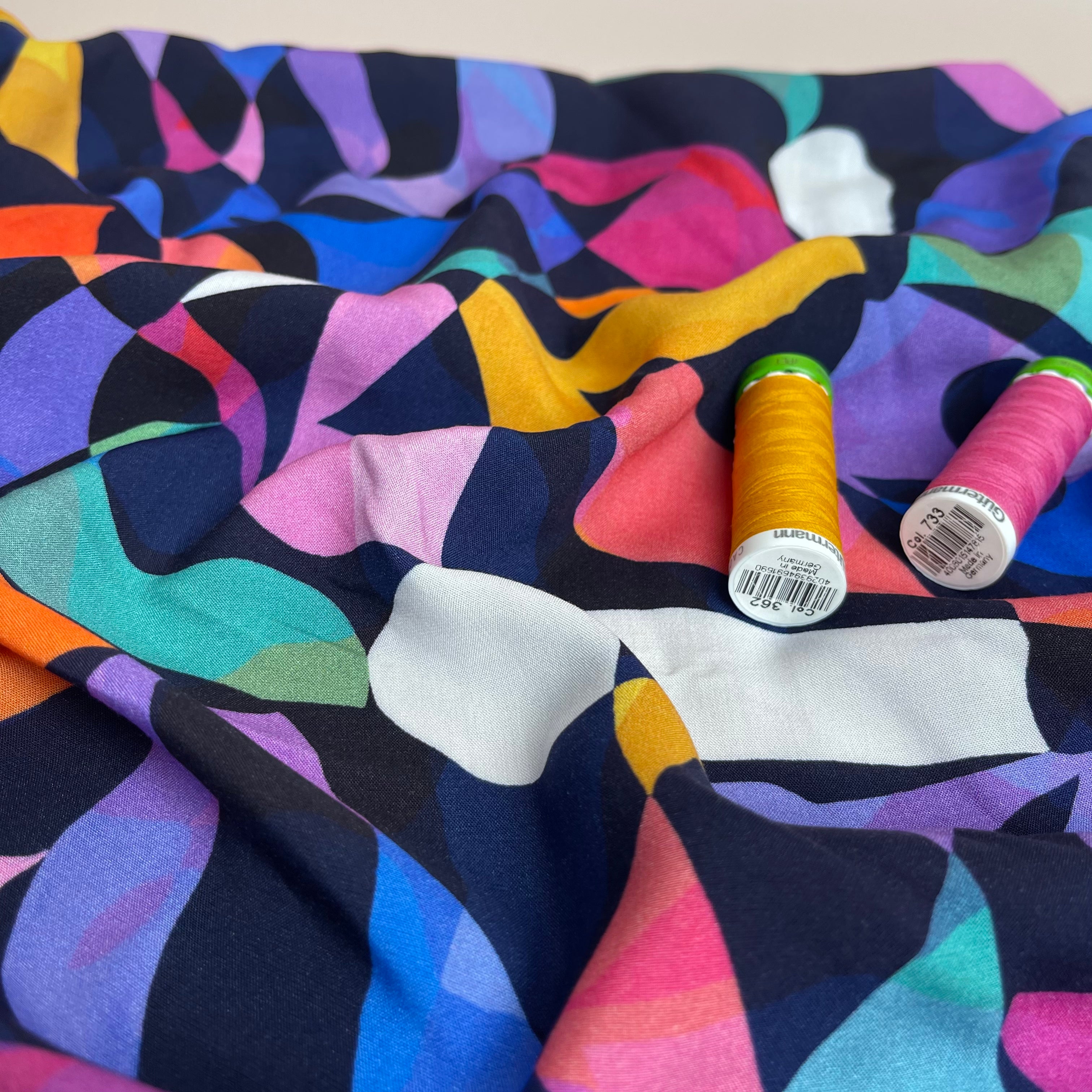 Summer Party - Rainbow Leaves Navy Viscose Fabric