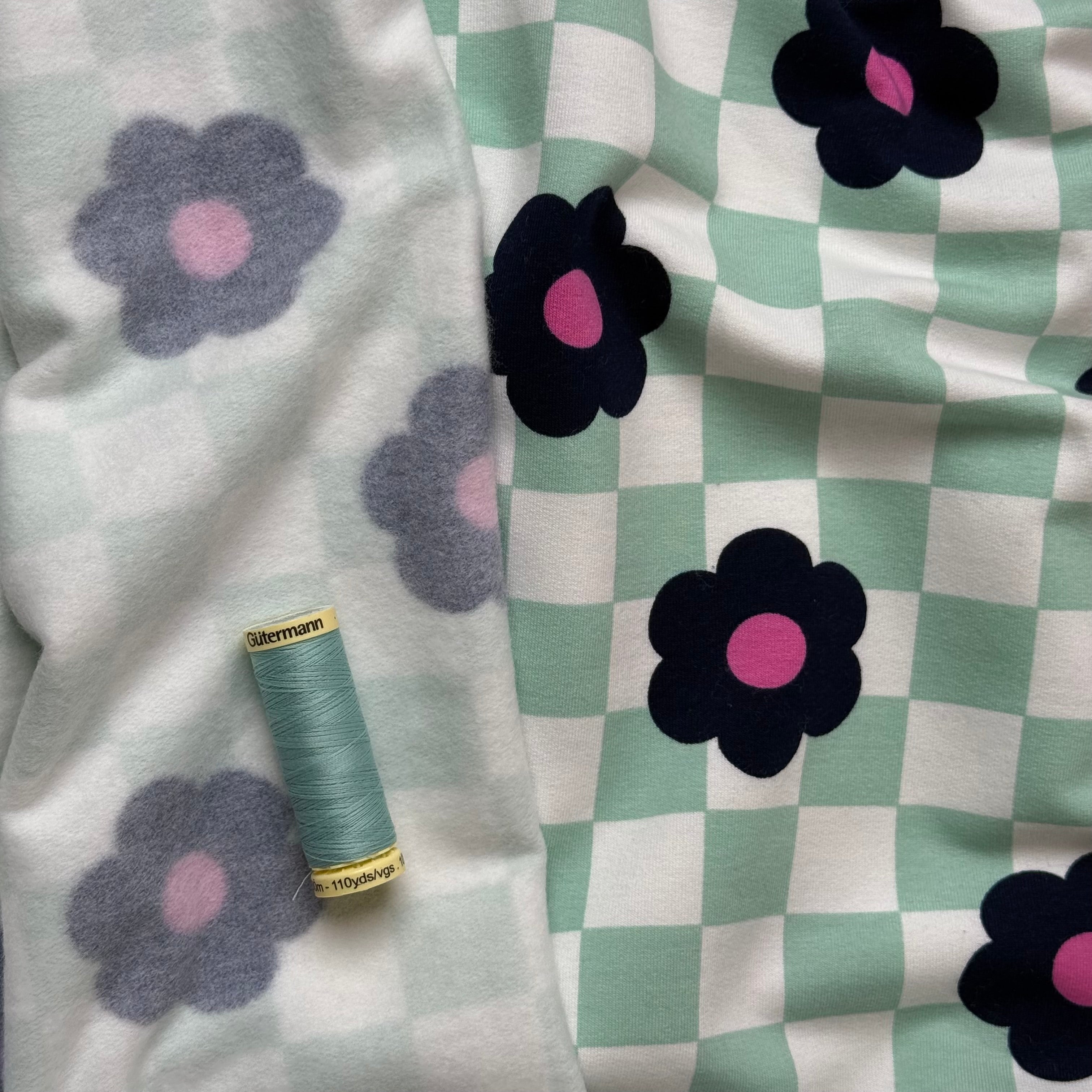 Gingham Flowers Mint Soft Cotton Sweat-shirting Fabric