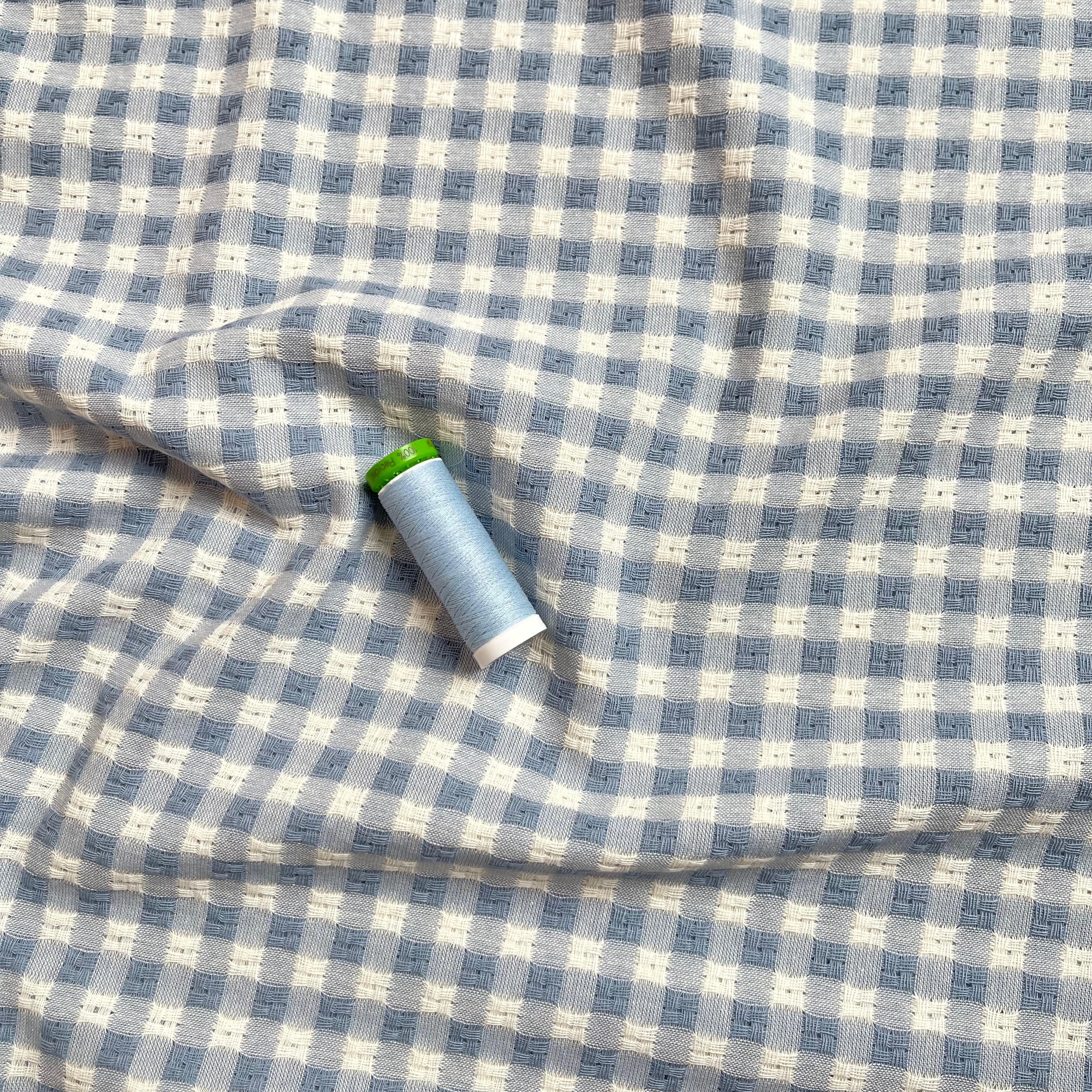 Yarn Dyed Dusty Blue Embroidered Cotton Gingham Fabric