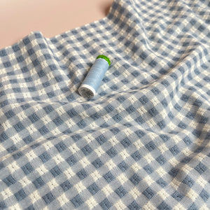Yarn Dyed Dusty Blue Embroidered Cotton Gingham Fabric