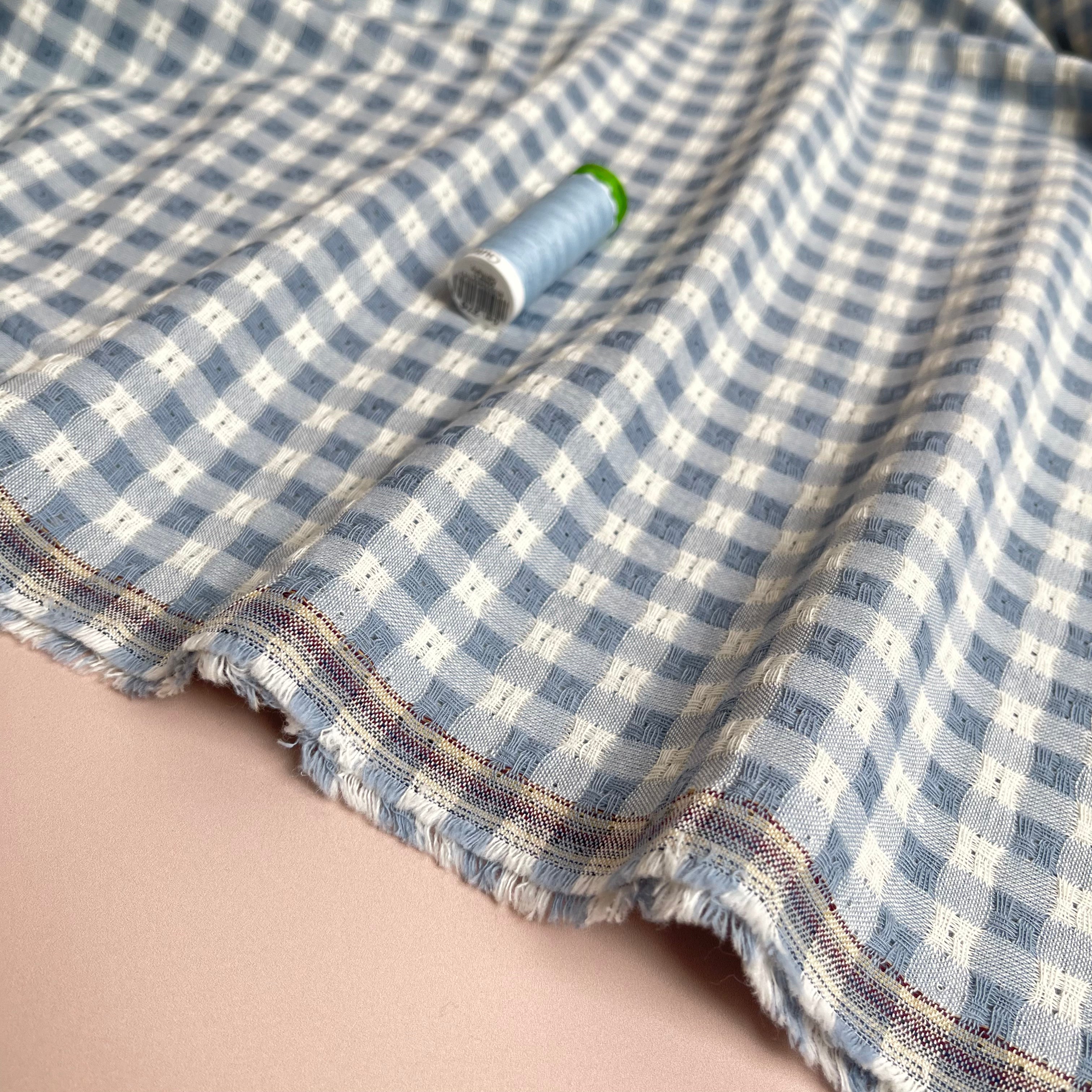 Yarn Dyed Dusty Blue Embroidered Cotton Gingham Fabric