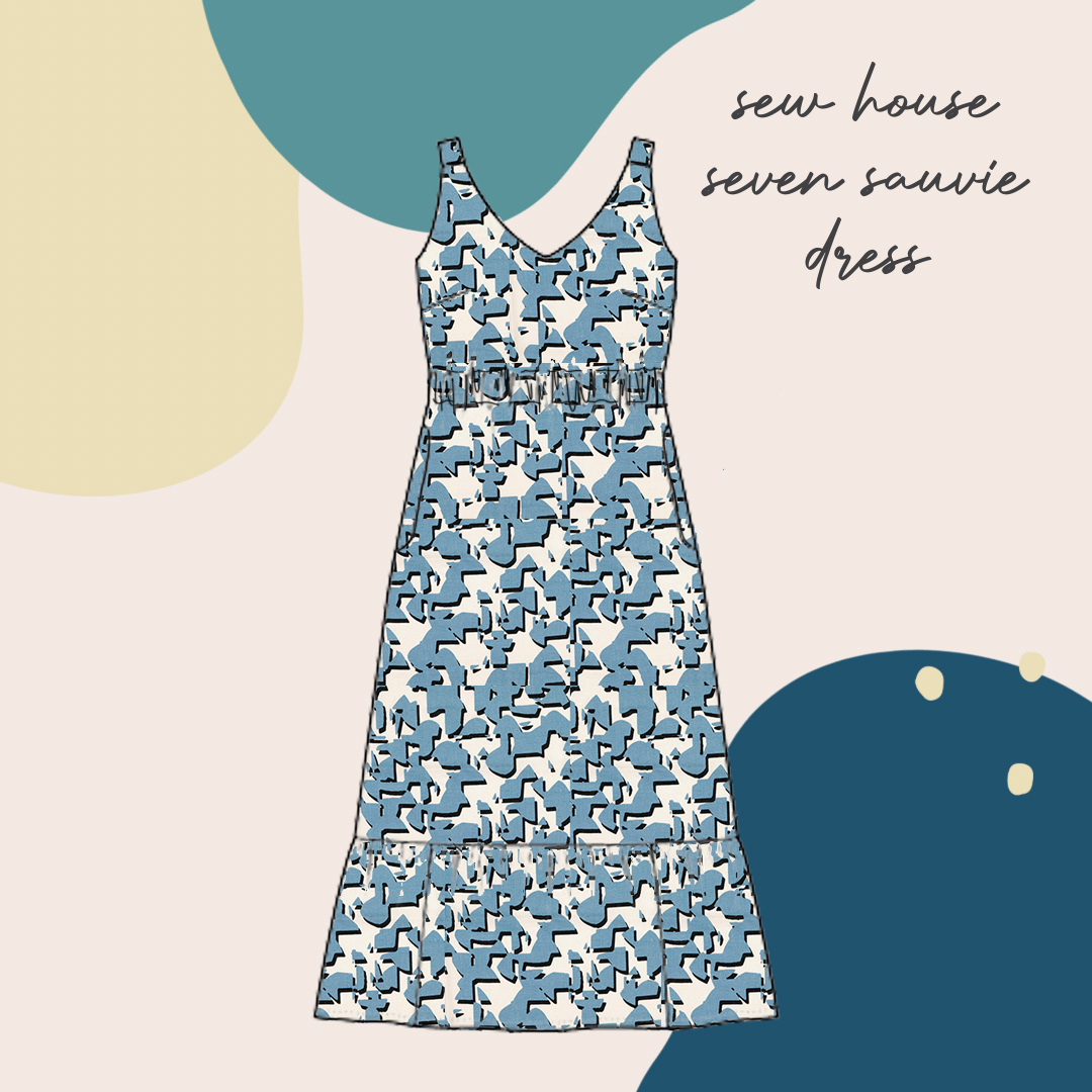 REMNANT 0.37 Metres (with faded patch) - Shapes Blue Linen Viscose Blend Fabric