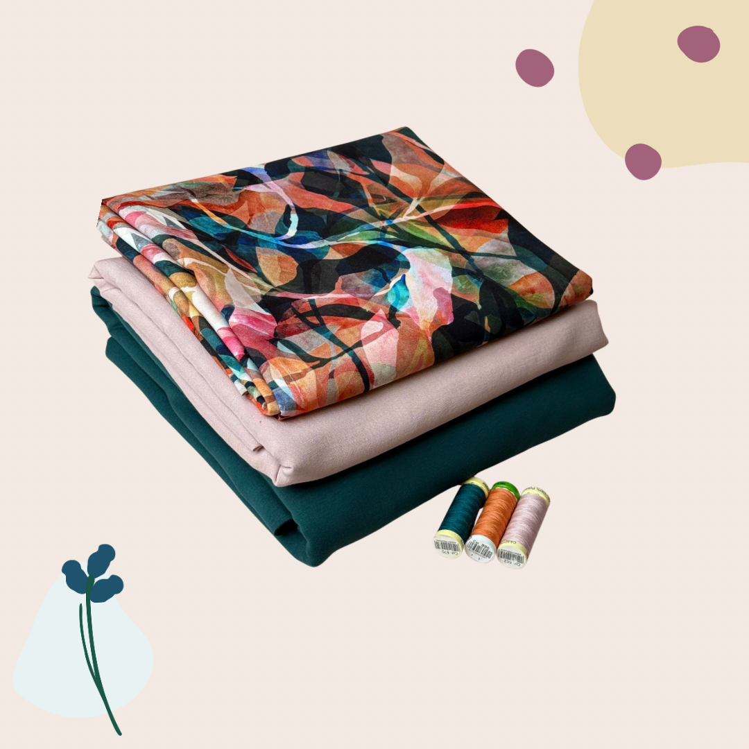 Make an Outfit Colour Bundle - Painted Foliage Sunset Viscose, Linen Crepe and Sweatshirting with Ribbing