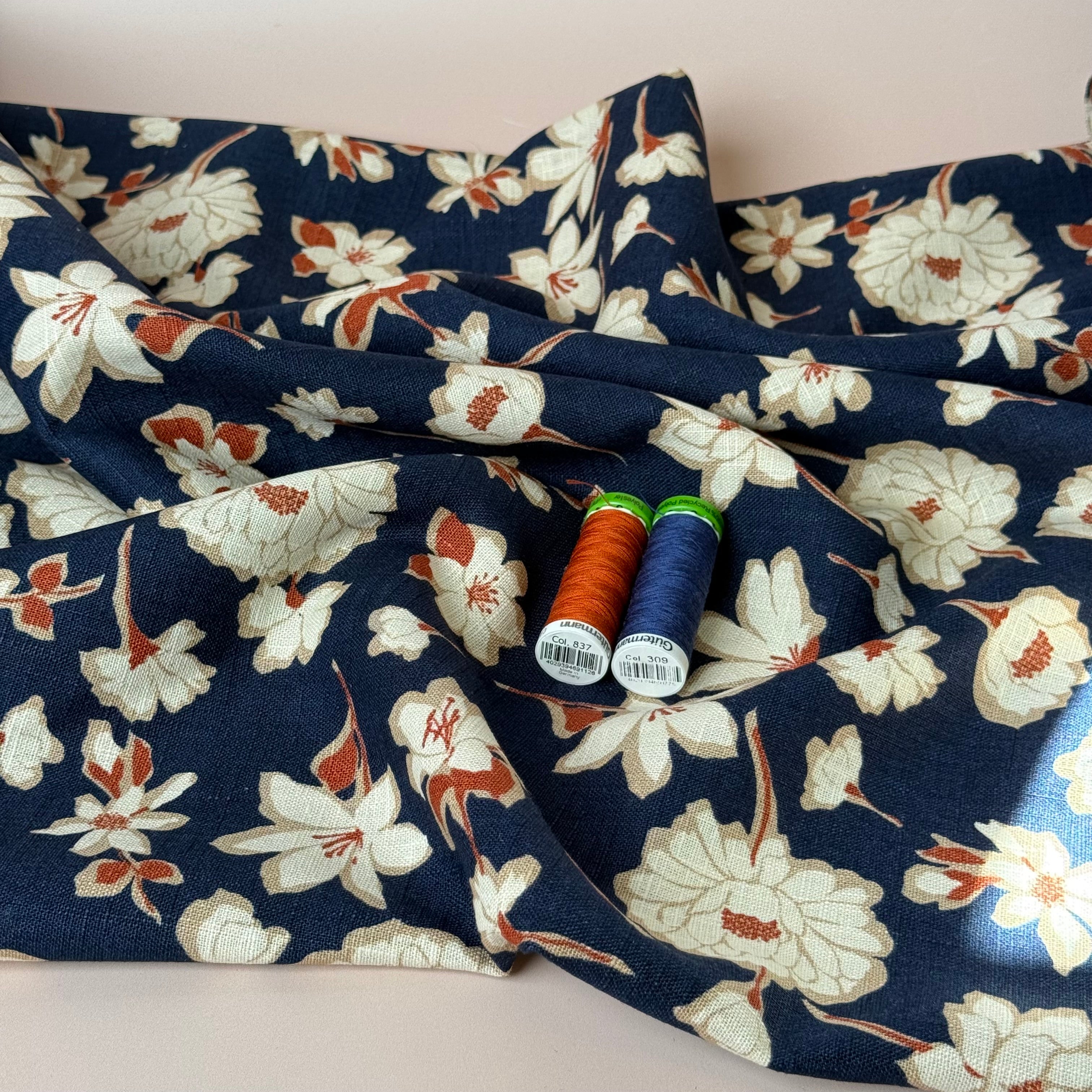 Peonies on Navy Washed Linen Cotton Blend Fabric