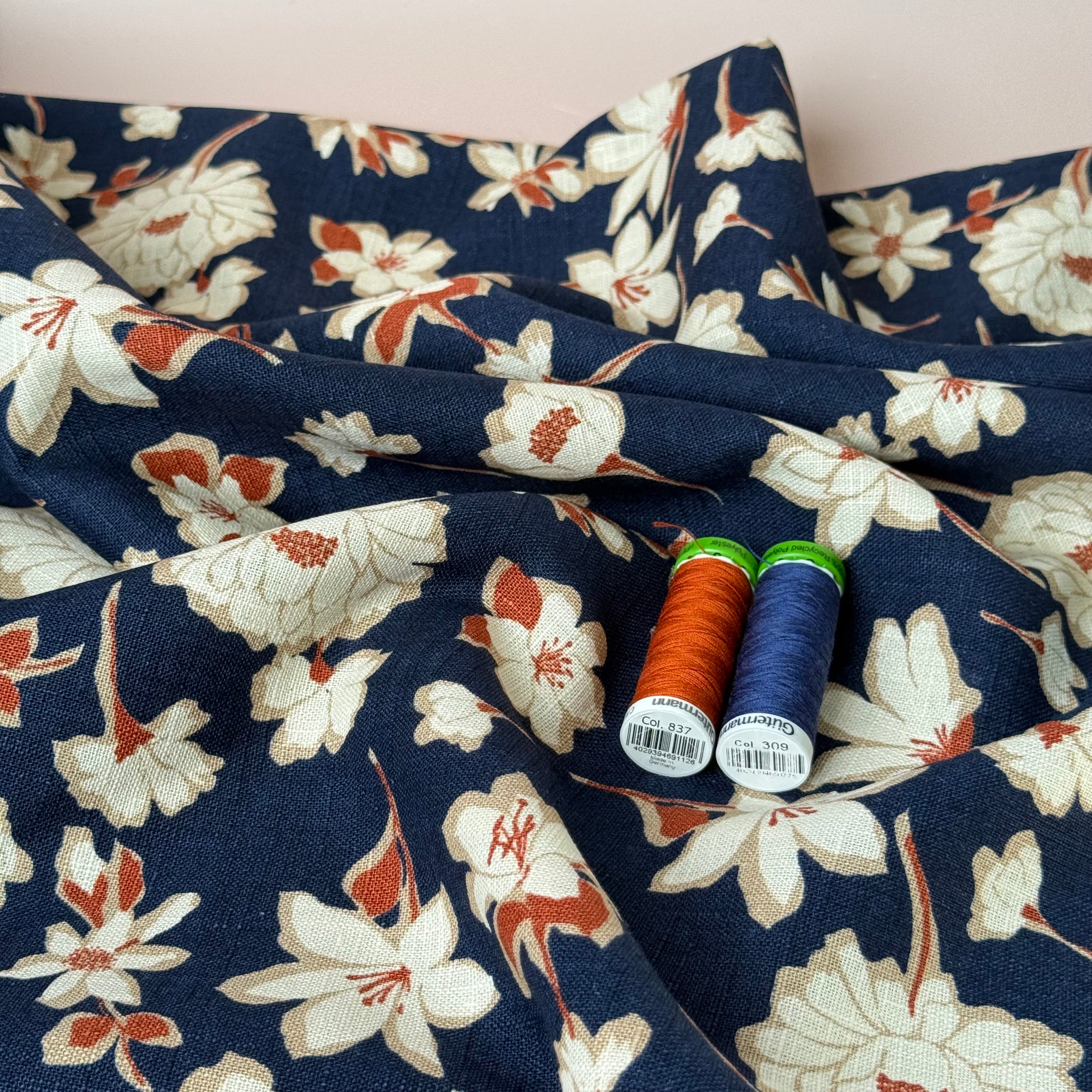 Peonies on Navy Washed Linen Cotton Blend Fabric