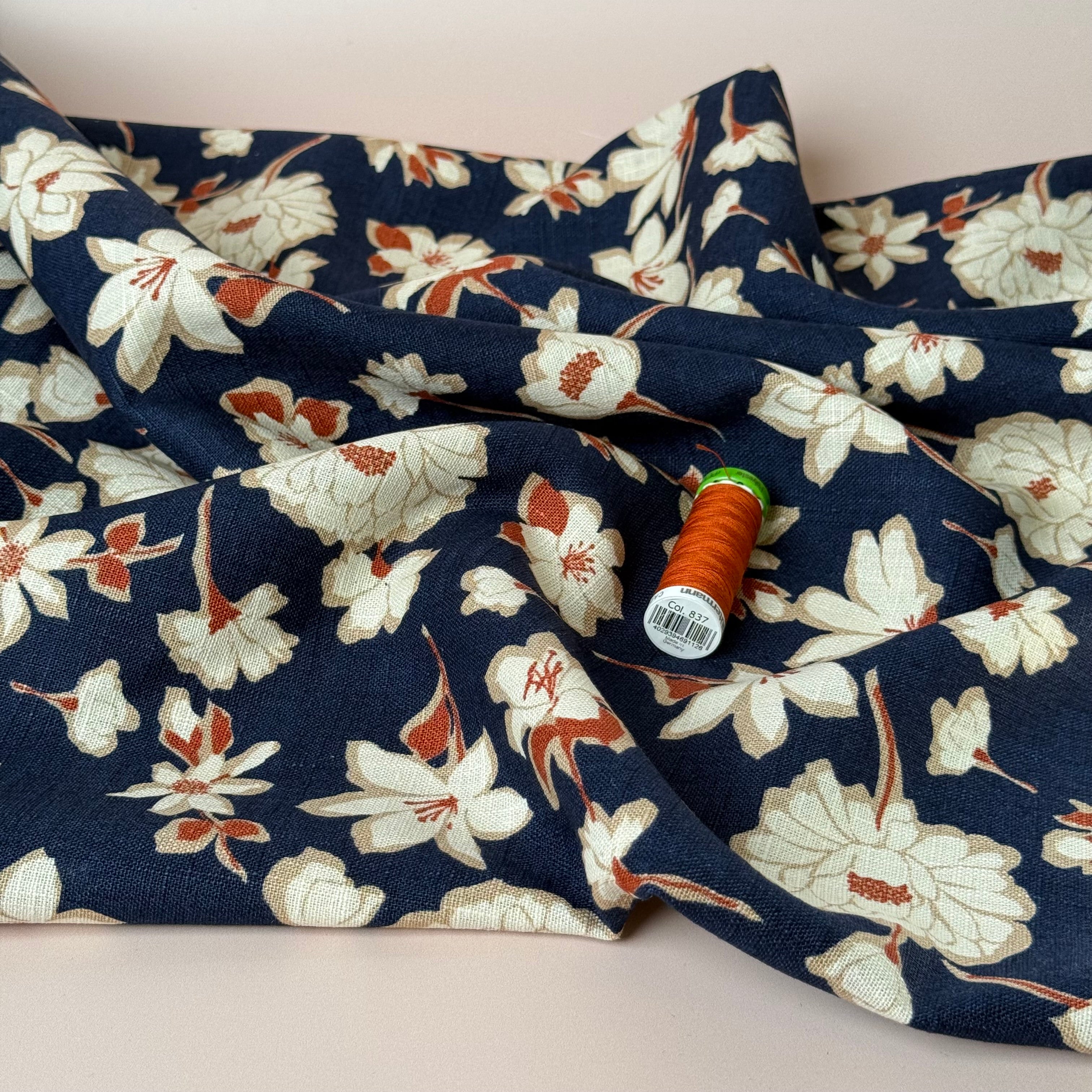 Peonies on Navy Washed Linen Cotton Blend Fabric