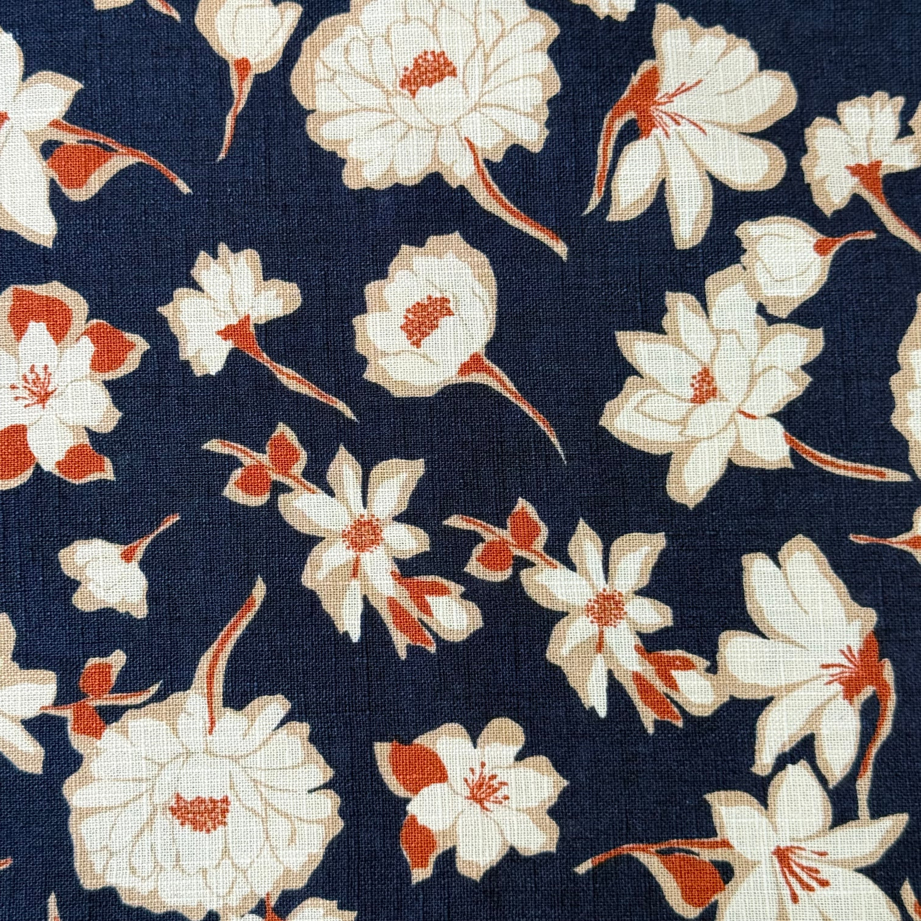 Peonies on Navy Washed Linen Cotton Blend Fabric
