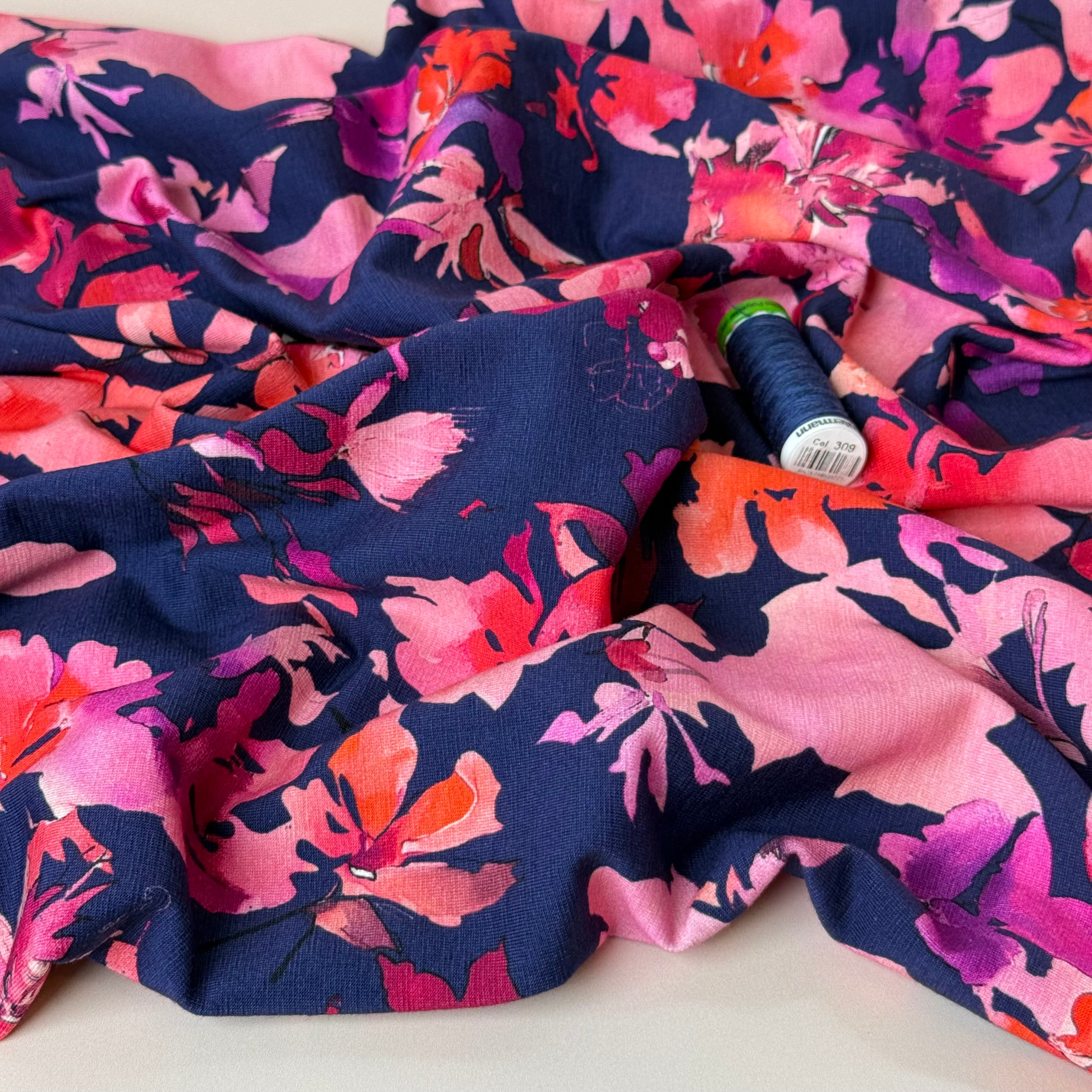 REMNANT 1.6 Metres - Painterly Pink Flowers on Navy Cotton Jersey Fabric