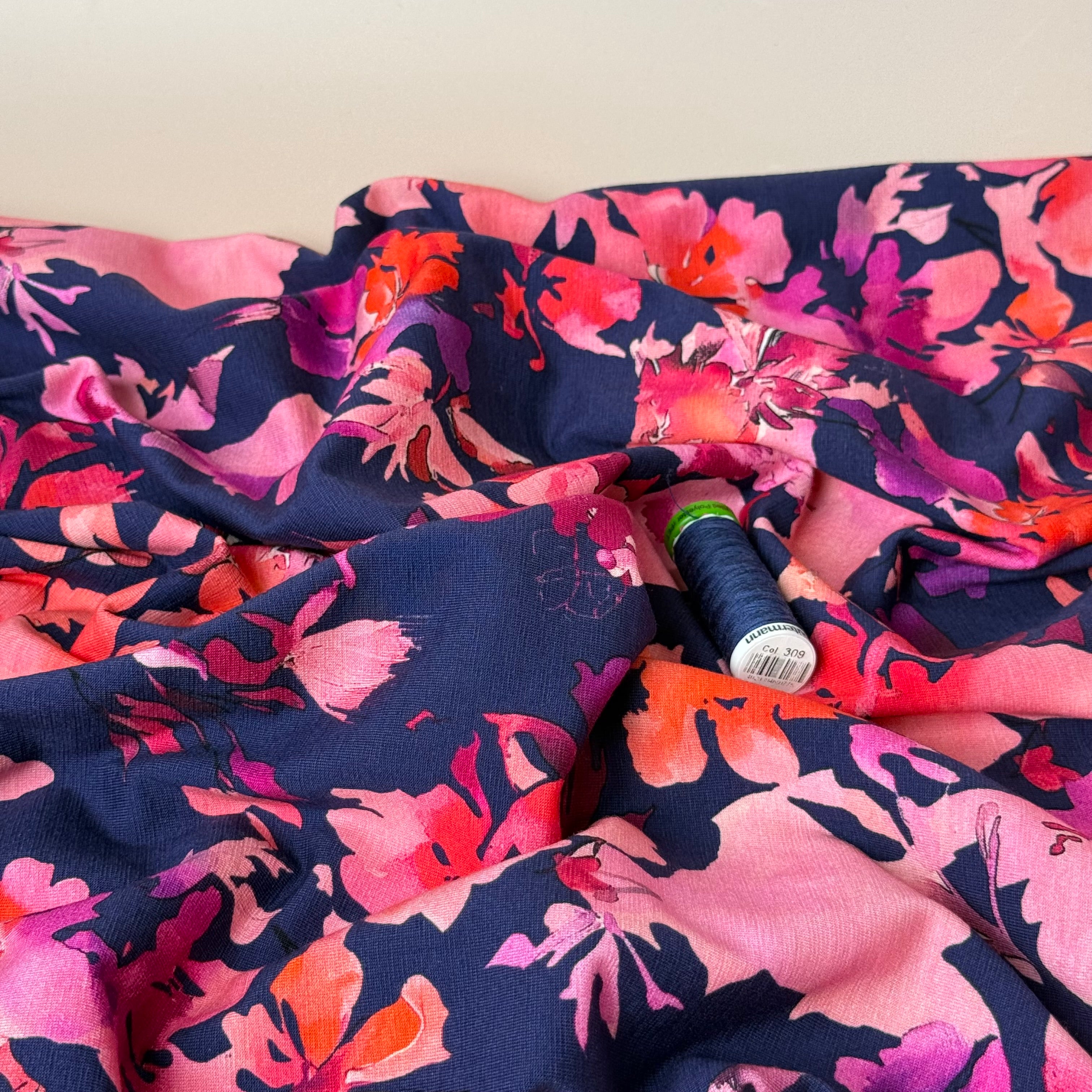 REMNANT 1.6 Metres - Painterly Pink Flowers on Navy Cotton Jersey Fabric