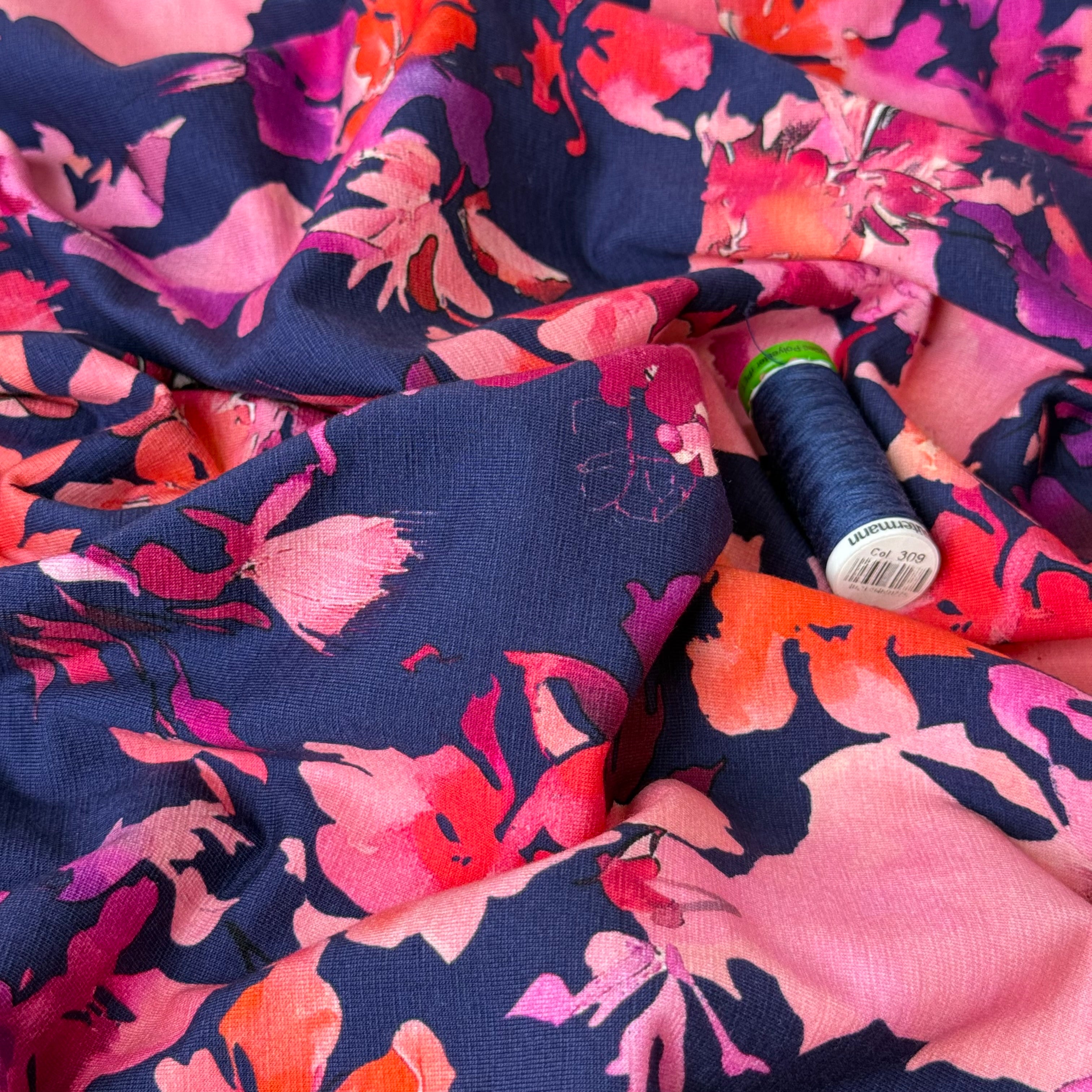 REMNANT 1.6 Metres - Painterly Pink Flowers on Navy Cotton Jersey Fabric