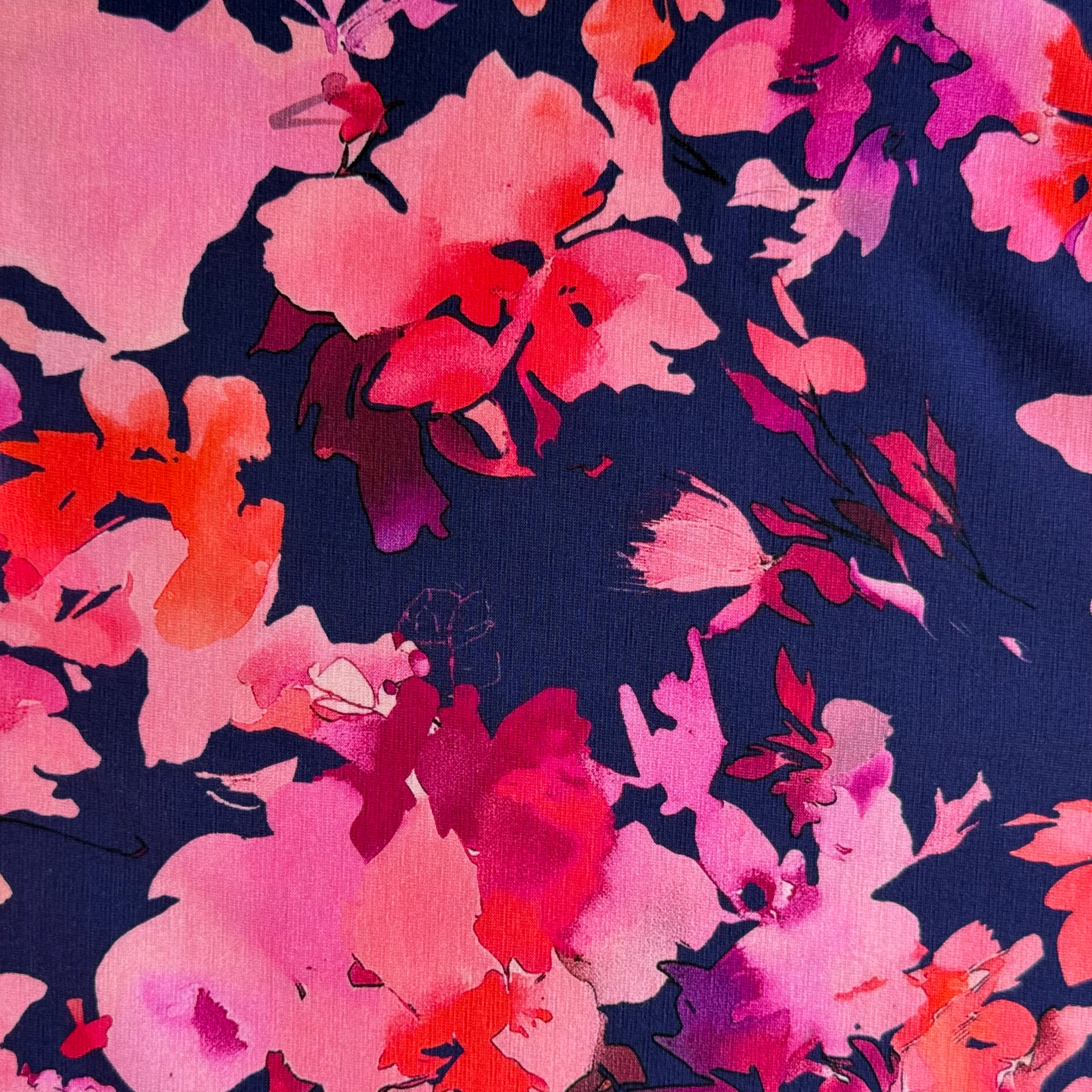 REMNANT 1.6 Metres - Painterly Pink Flowers on Navy Cotton Jersey Fabric