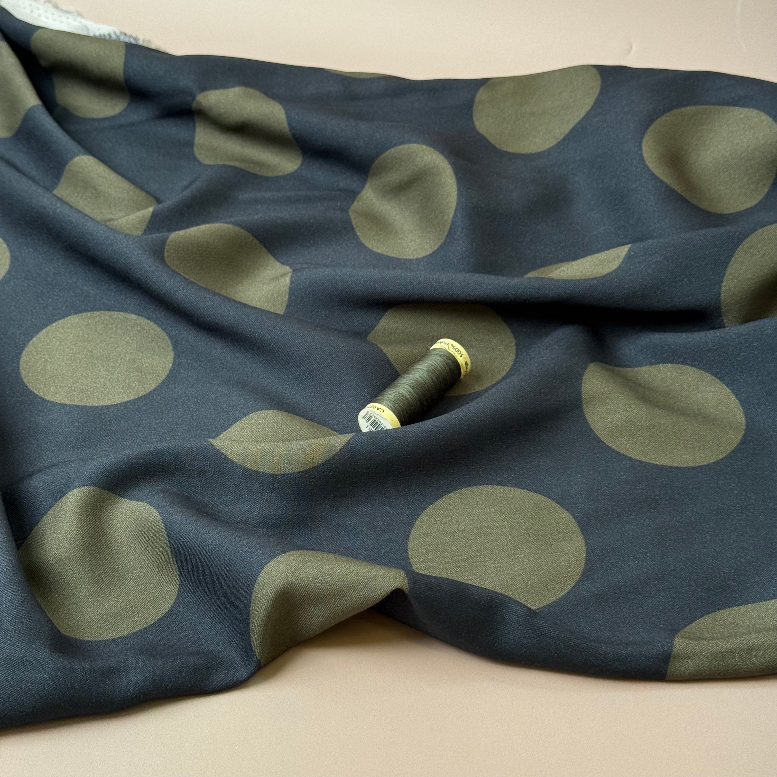 REMNANT 1.53 Metres - Light & Lush - Large Polka Dots in Dark Olive Viscose Twill Fabric