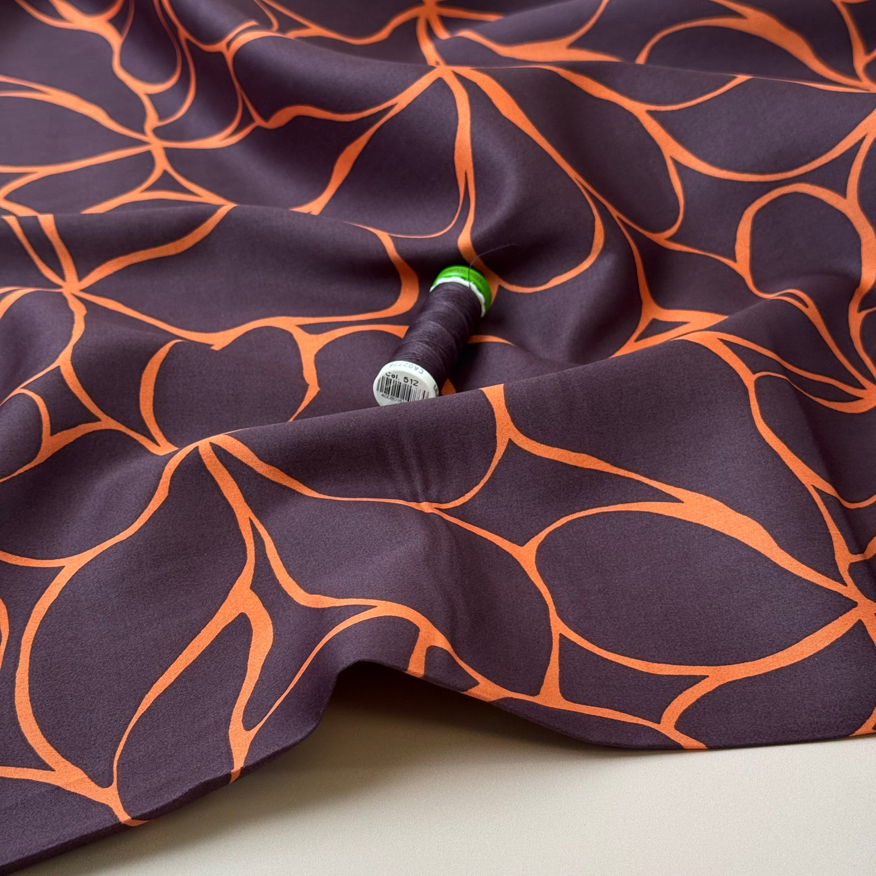 Line Flowers in Deep Mahogany Cotton Sateen Fabric