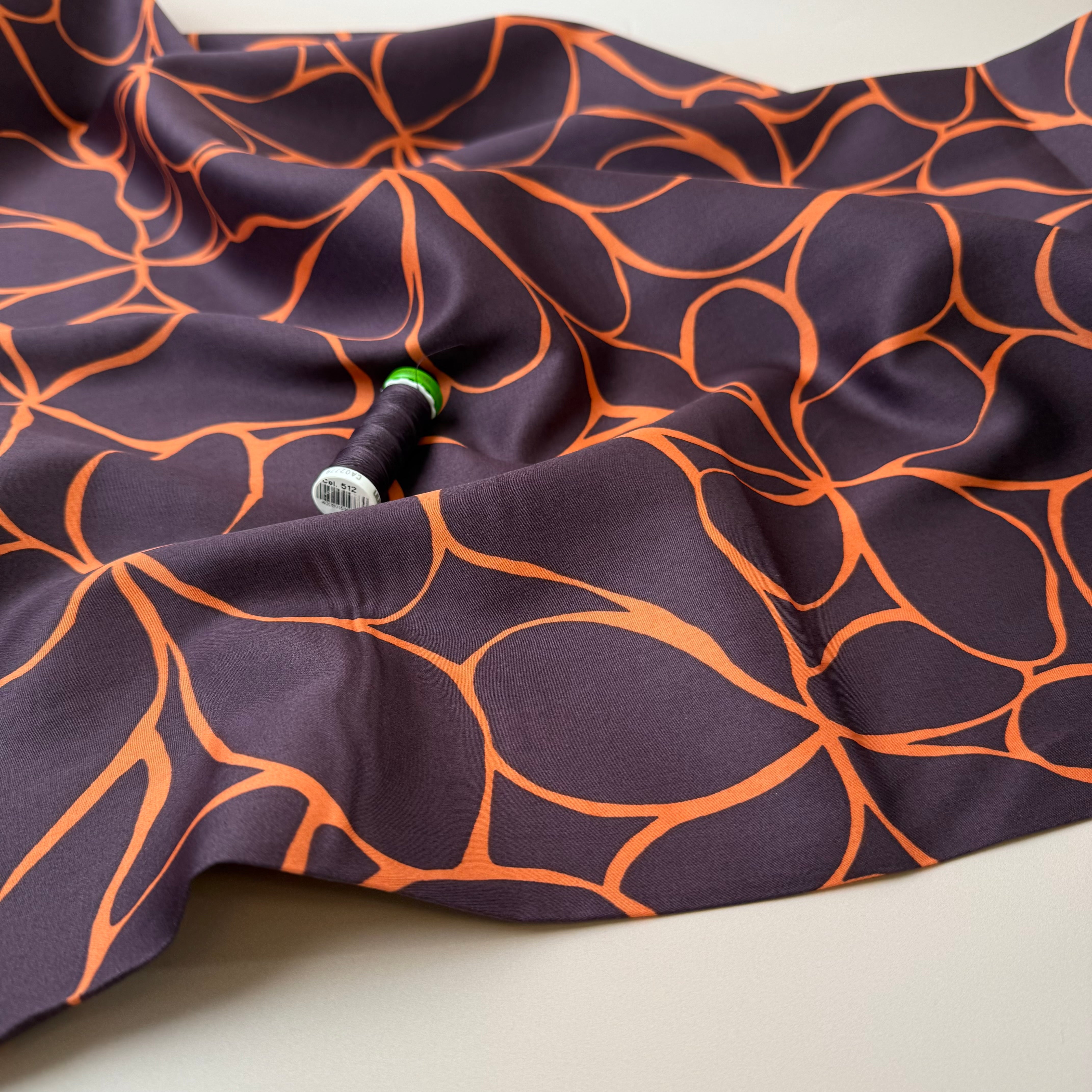 Line Flowers in Deep Mahogany Cotton Sateen Fabric