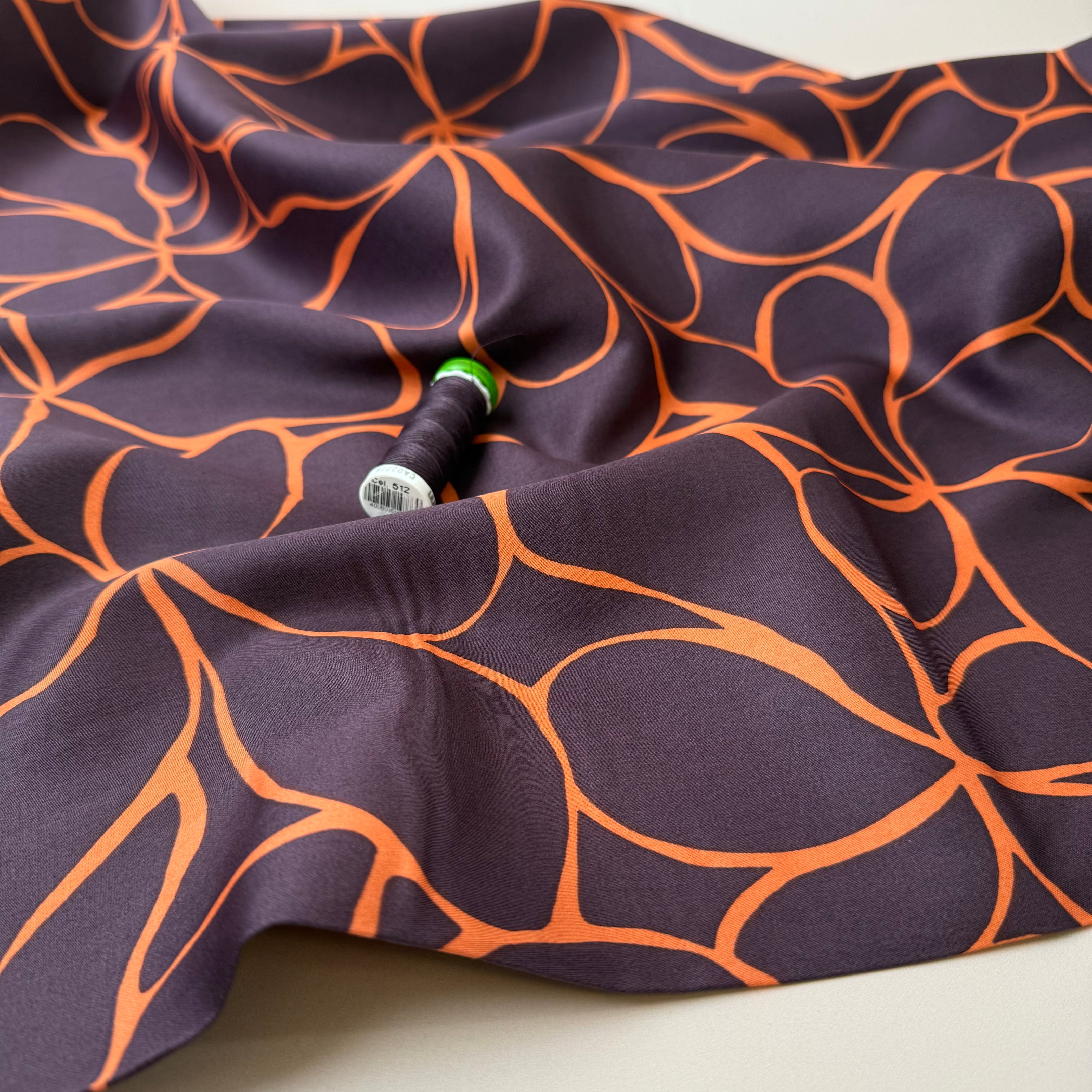 Line Flowers in Deep Mahogany Cotton Sateen Fabric