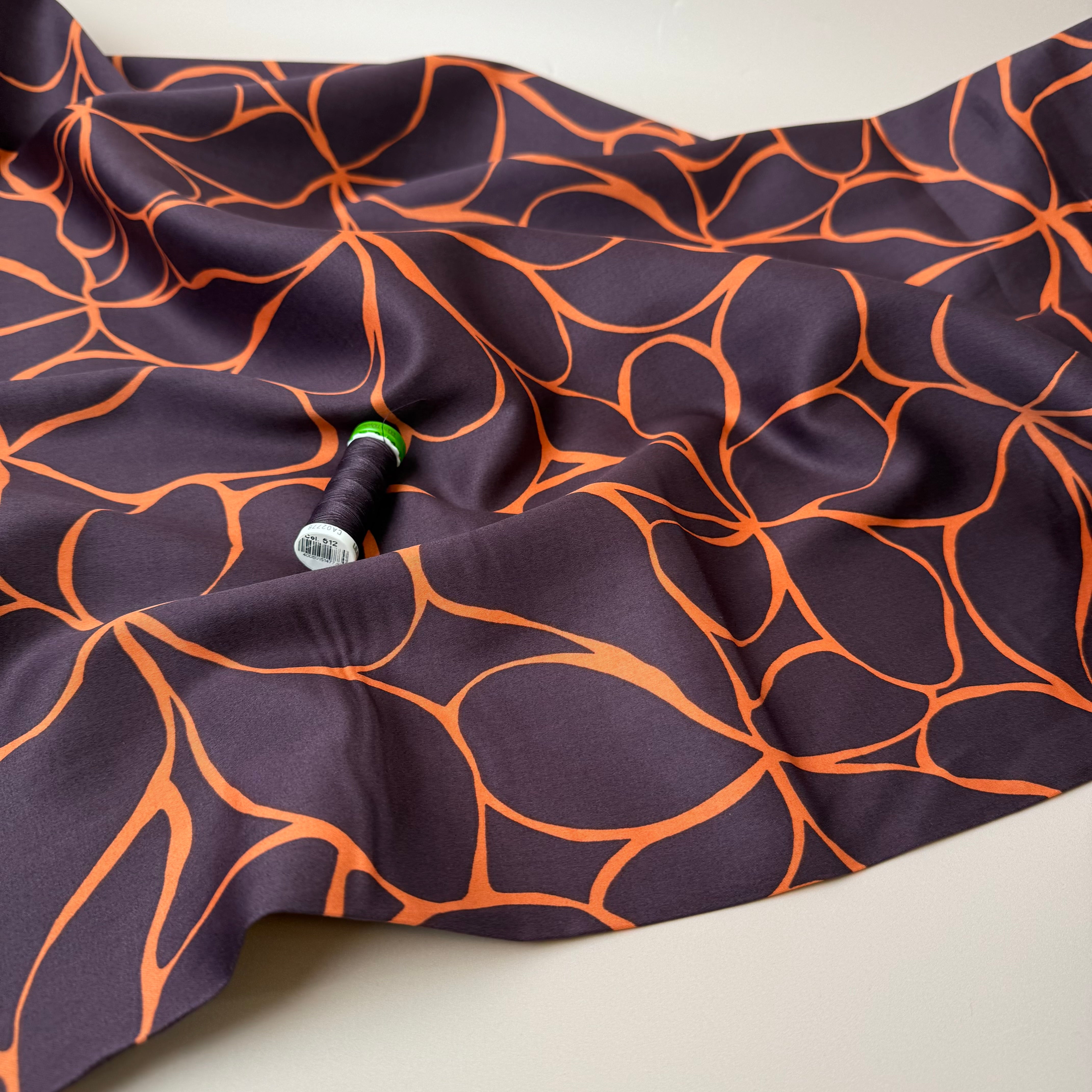 Line Flowers in Deep Mahogany Cotton Sateen Fabric