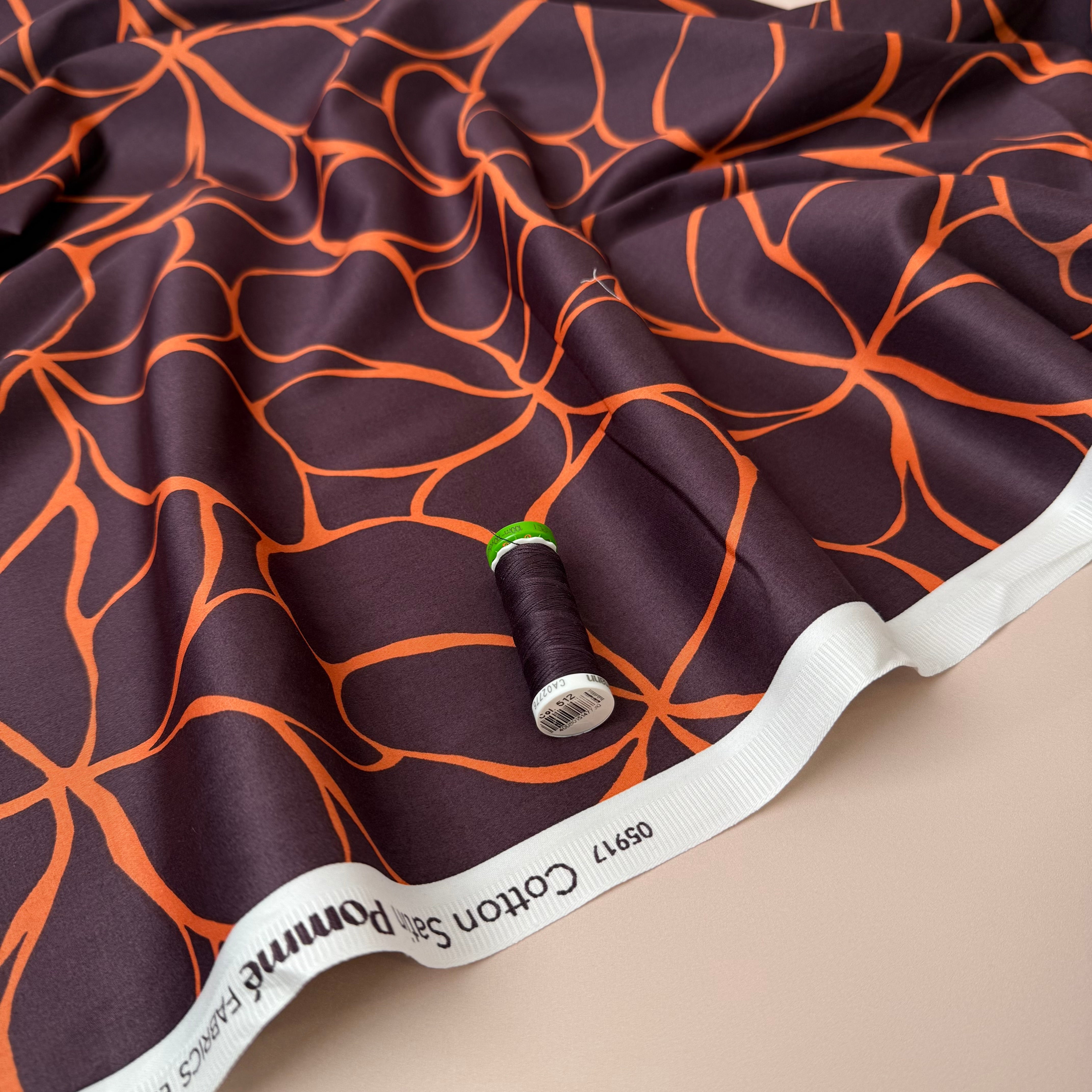 Line Flowers in Deep Mahogany Cotton Sateen Fabric