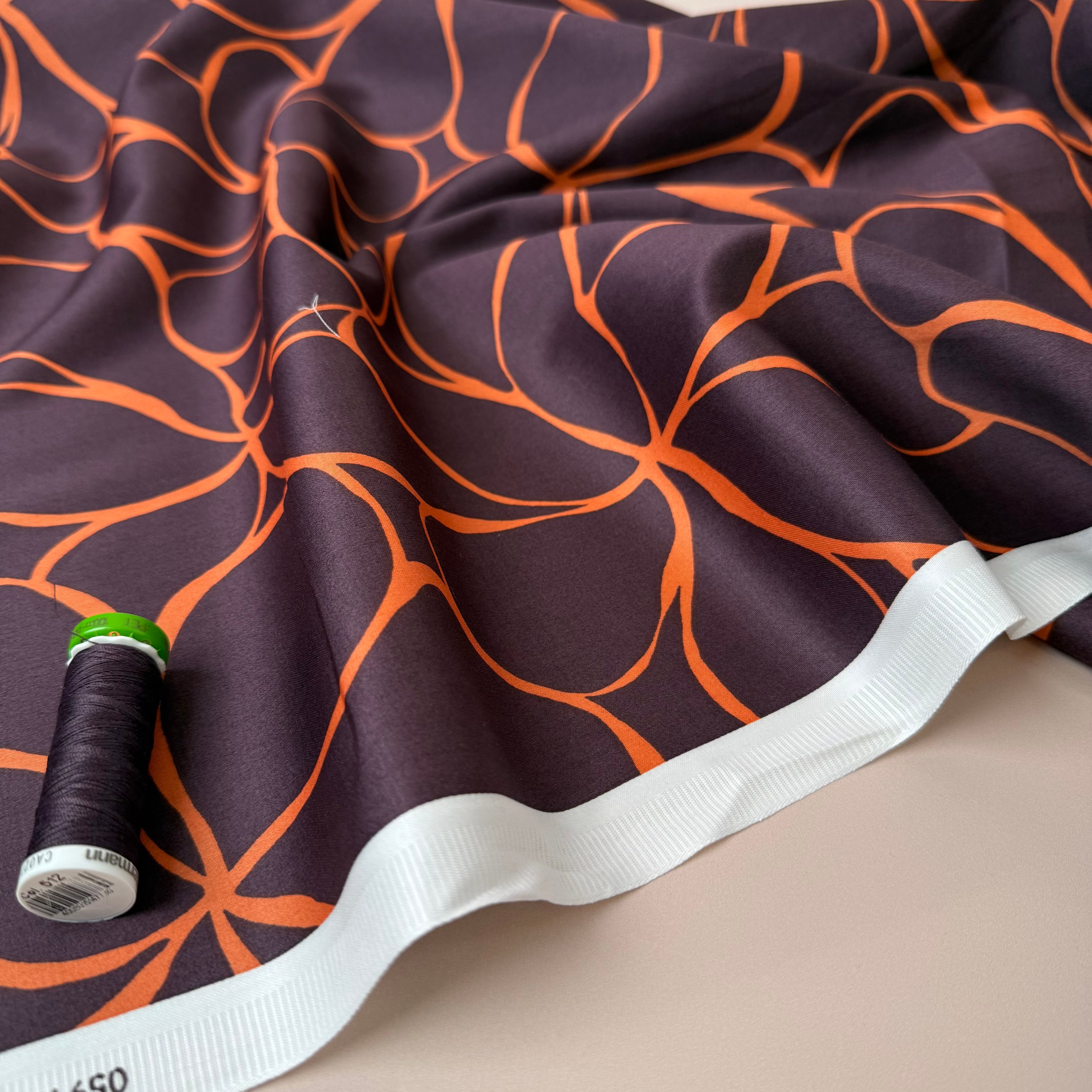 Line Flowers in Deep Mahogany Cotton Sateen Fabric